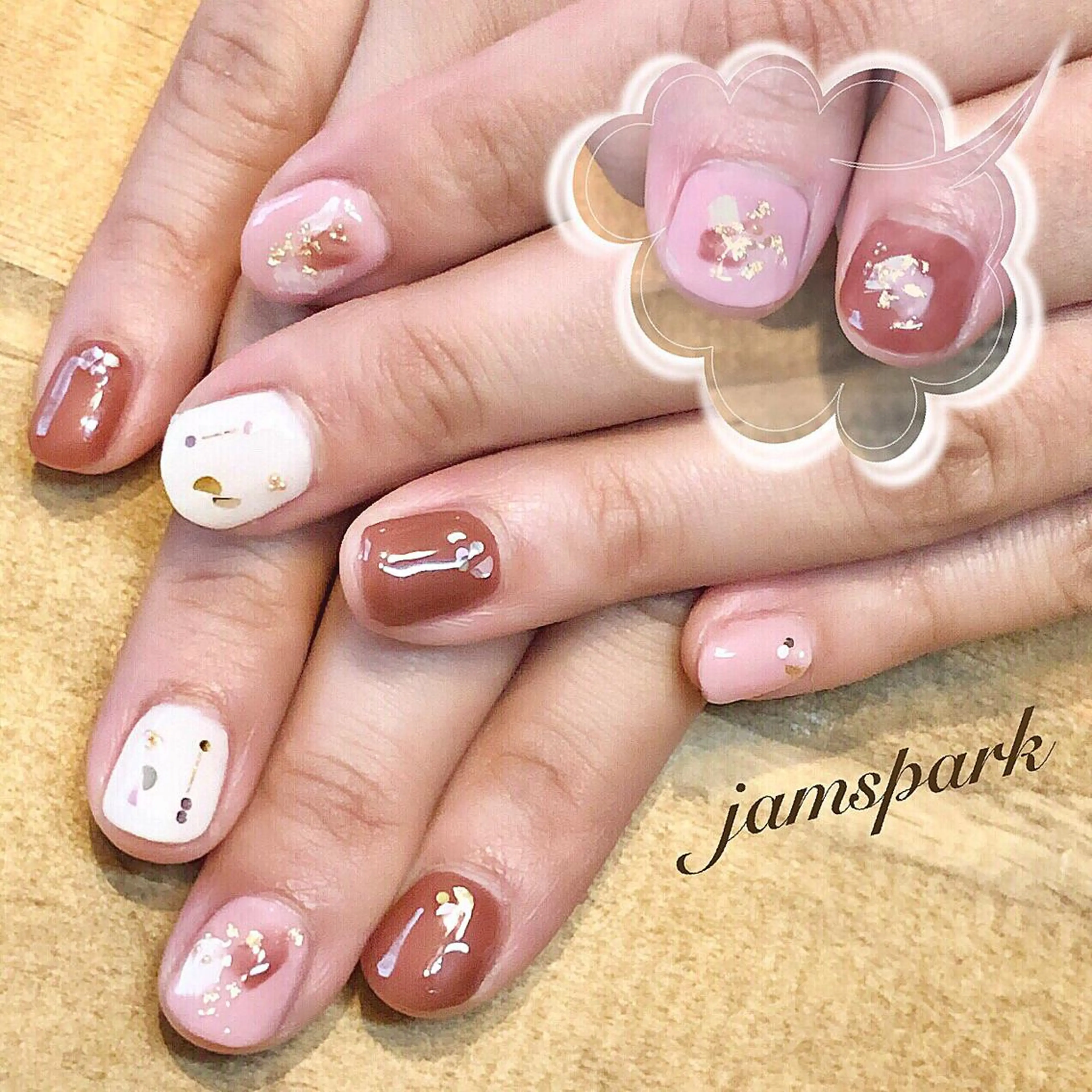ネイル ブラウン ジェルネイル ニュアンスネイル ピンク ショートネイル ハンドネイル jamspark ✨のネイルデザイン