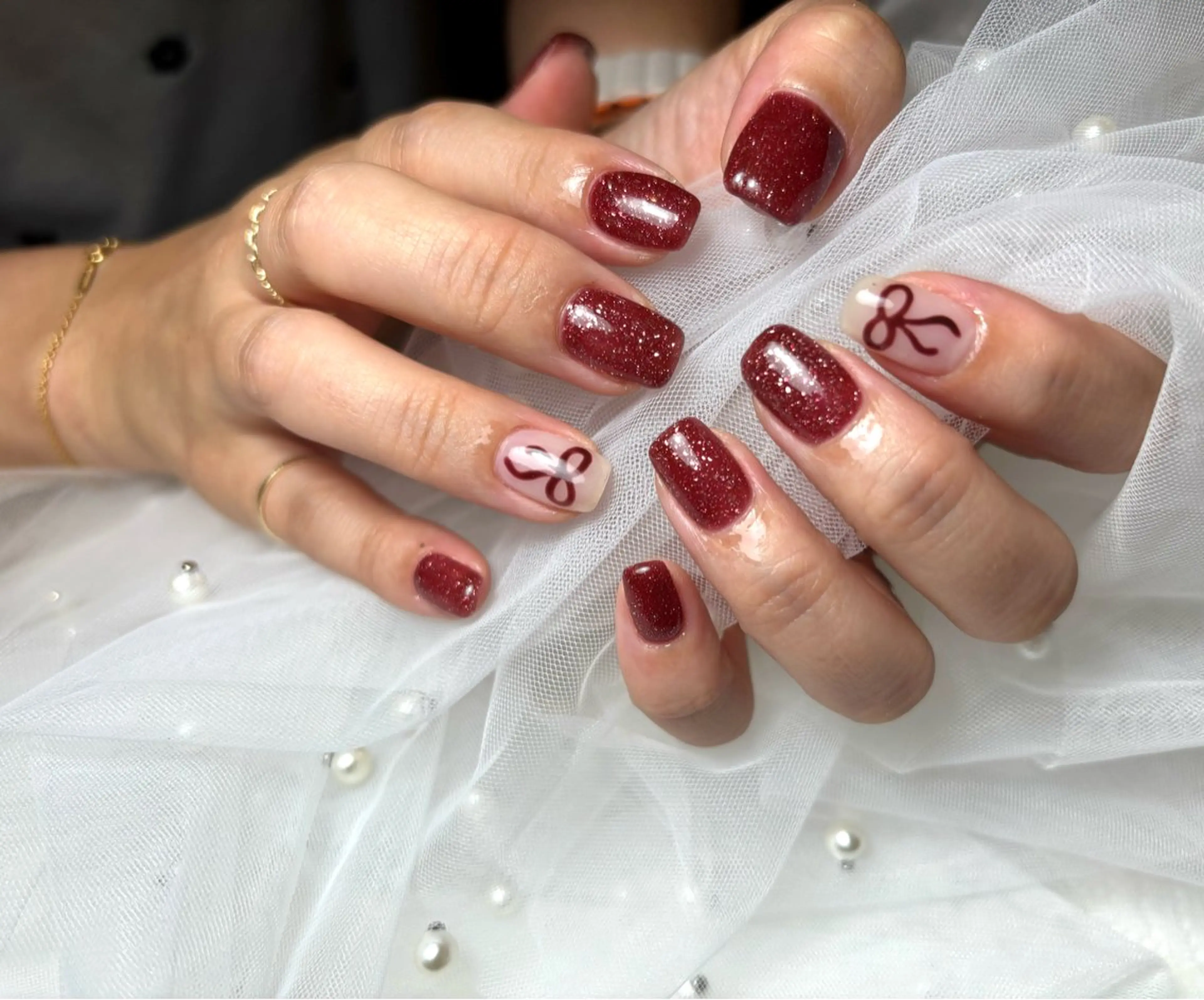 ネイル ボルドー リボン 【Libre】 -ﾘﾌﾞﾚﾈｲﾙ-のネイルデザイン