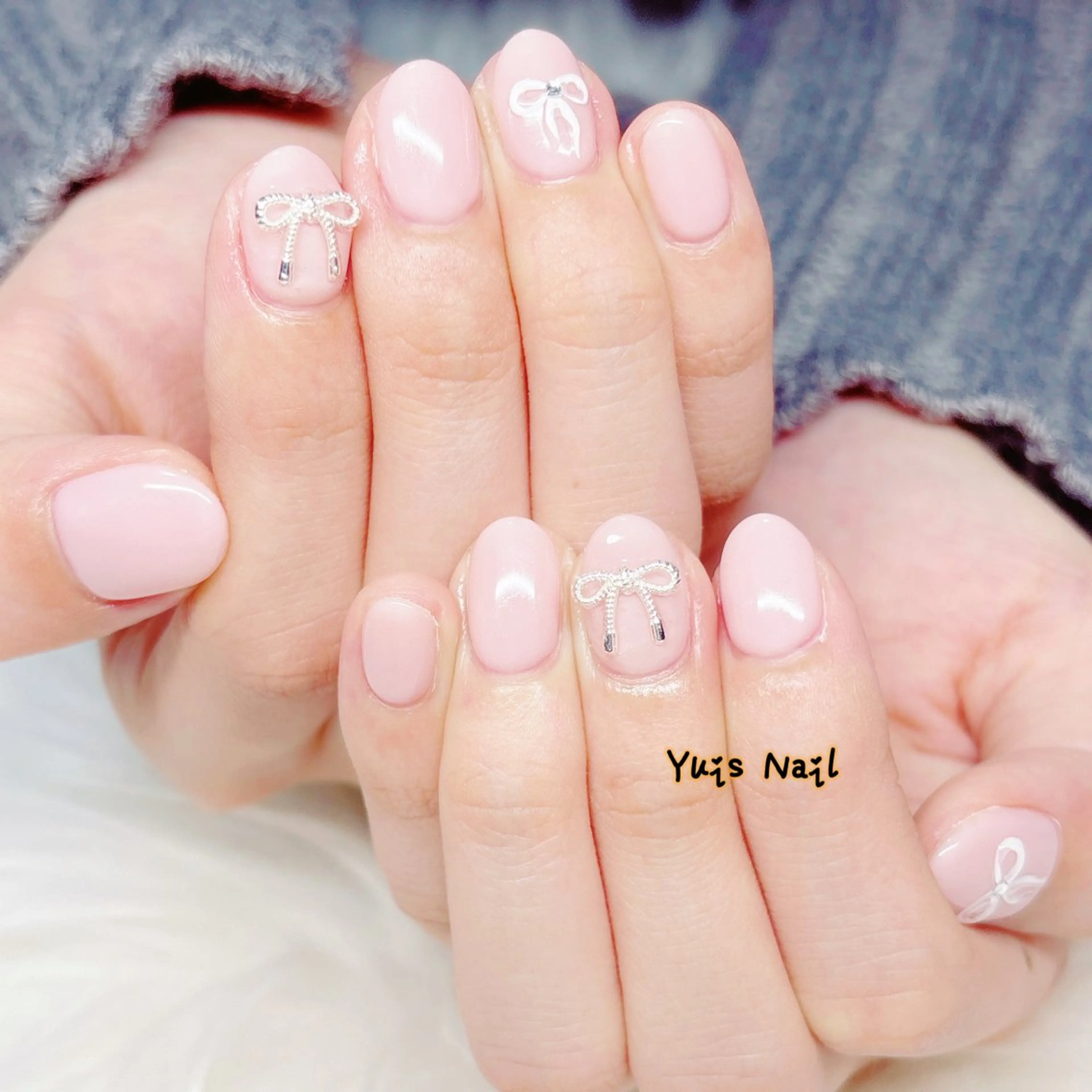 ネイル ピンク ぷっくりネイル リボン シンプルネイル ハンドネイル Yuis Nailスカルプ専門のネイルデザイン