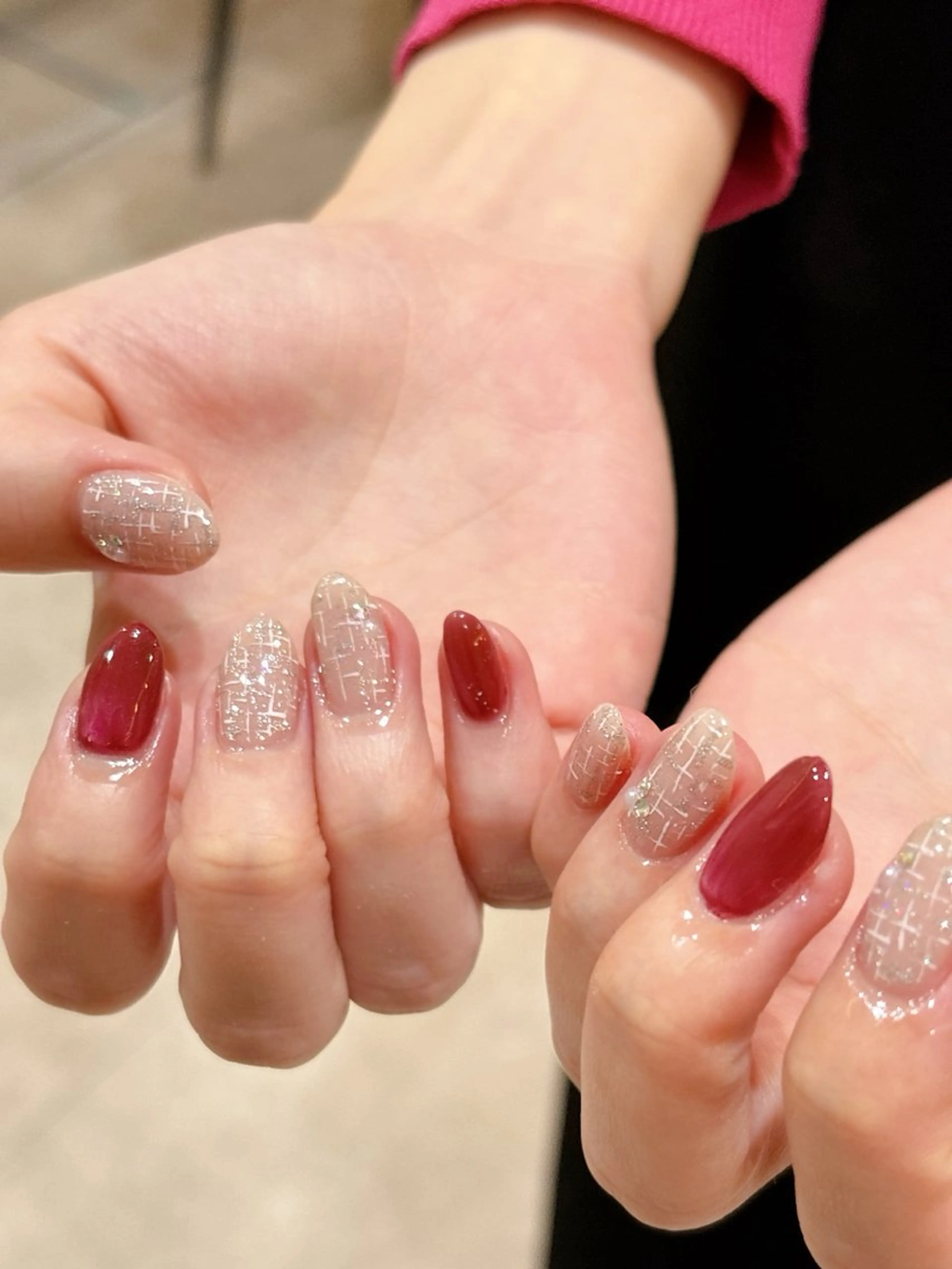 ネイル ボルドー ジェルネイル パラジェル ツイードネイル 冬ネイル ハンドネイル 大澤 香奈子のネイルデザイン