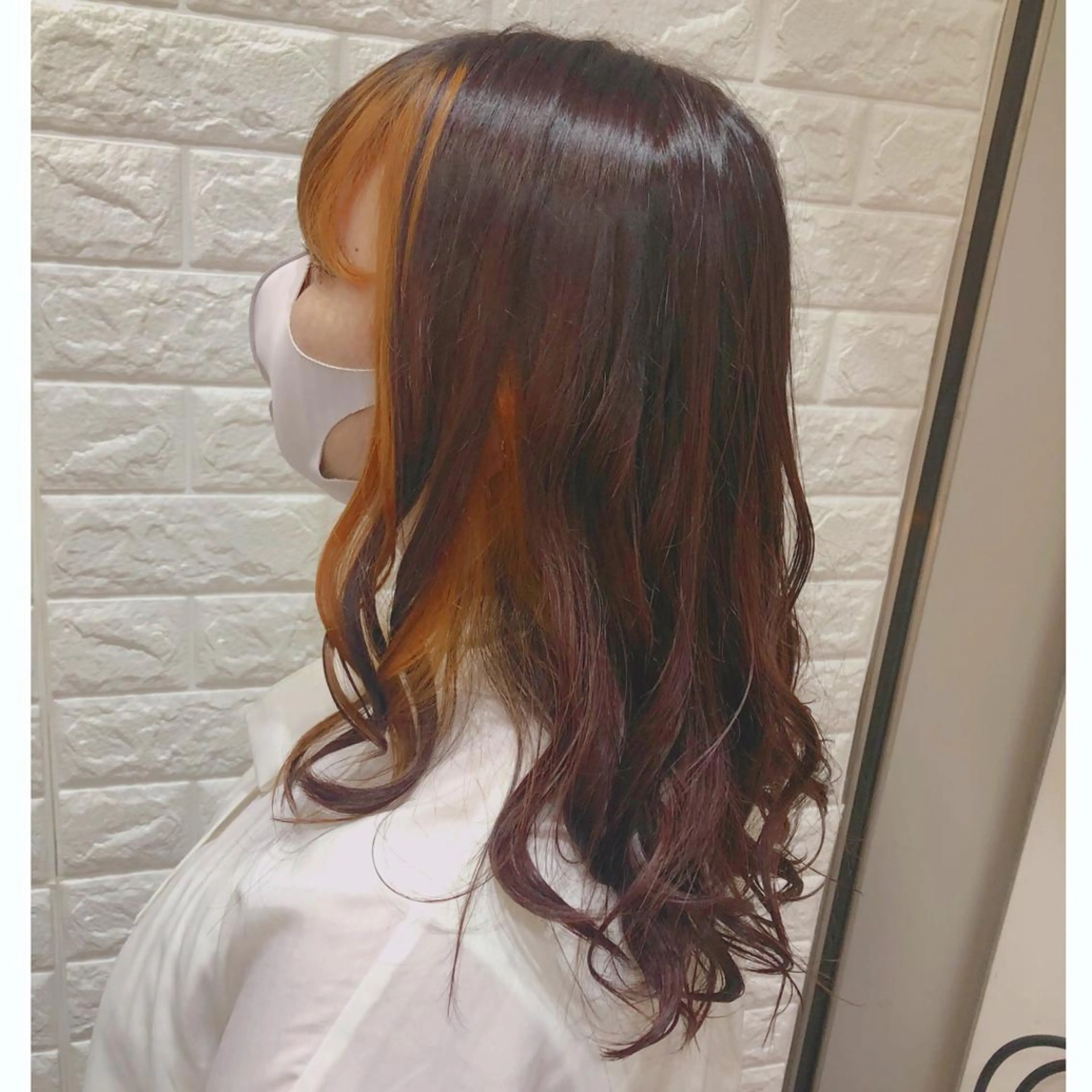 セミロング カラー アプリコットブラウン ミストバング ブラウンカラー  フェイスフレーミング 艶髪モテヘア ♡tomimaのヘアスタイル