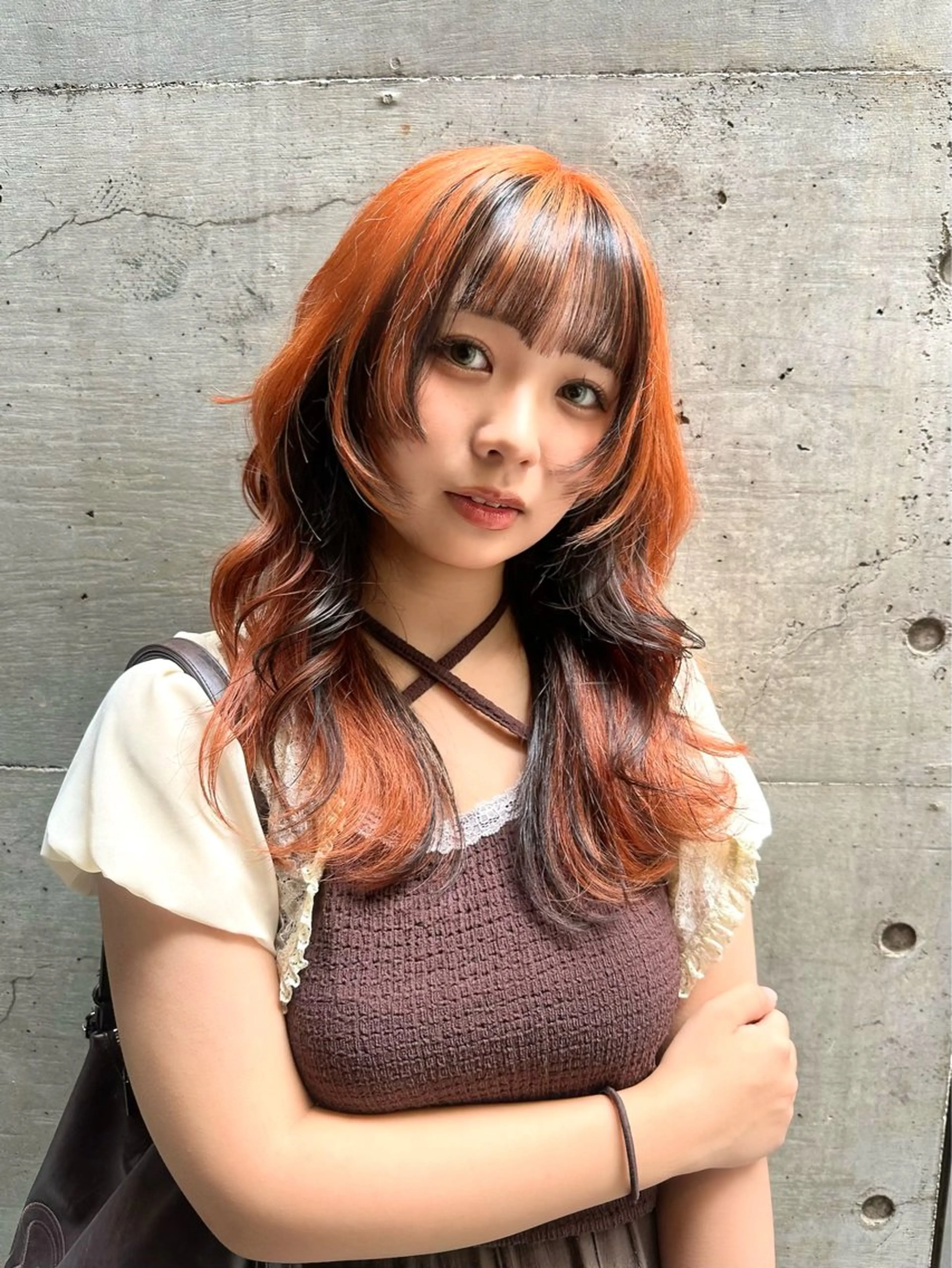 ロング カラー 黒髪 インナーカラー オレンジ カット ヘアカラー トリートメント 似合わせ小顔ショート /akane🐰♥️のヘアスタイル