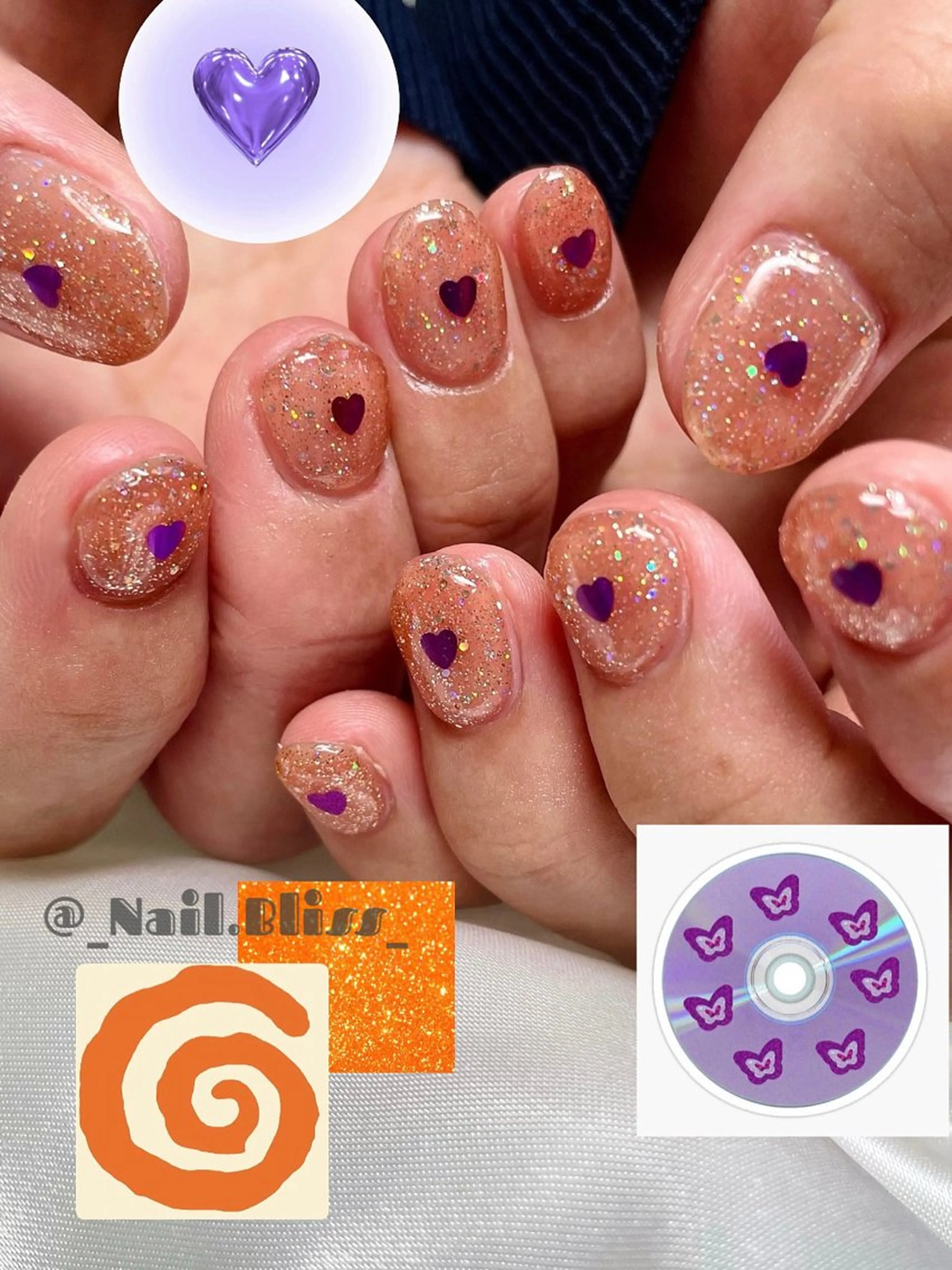 ネイル オーロラネイル クリアネイル ハート ラメ(グリッター) オレンジ ハンドネイル NAIL BLISSのネイルデザイン