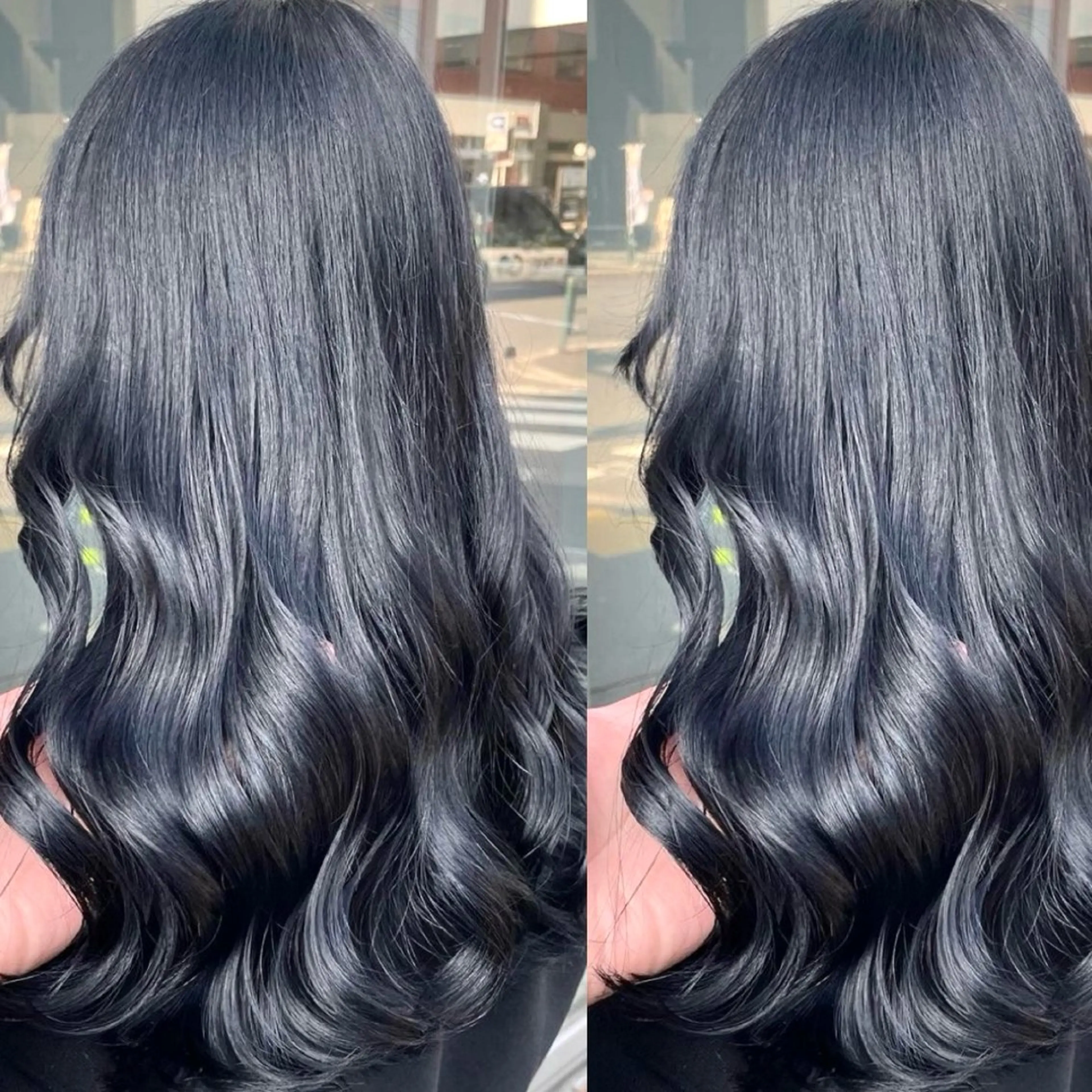 ロング カラー 黒髪 ブルーカラー ブルーブラック 髪質改善 トリートメント ヘアカラー トリートメント 🌊海外ハイライト リタッチ/グレー系のヘアスタイル