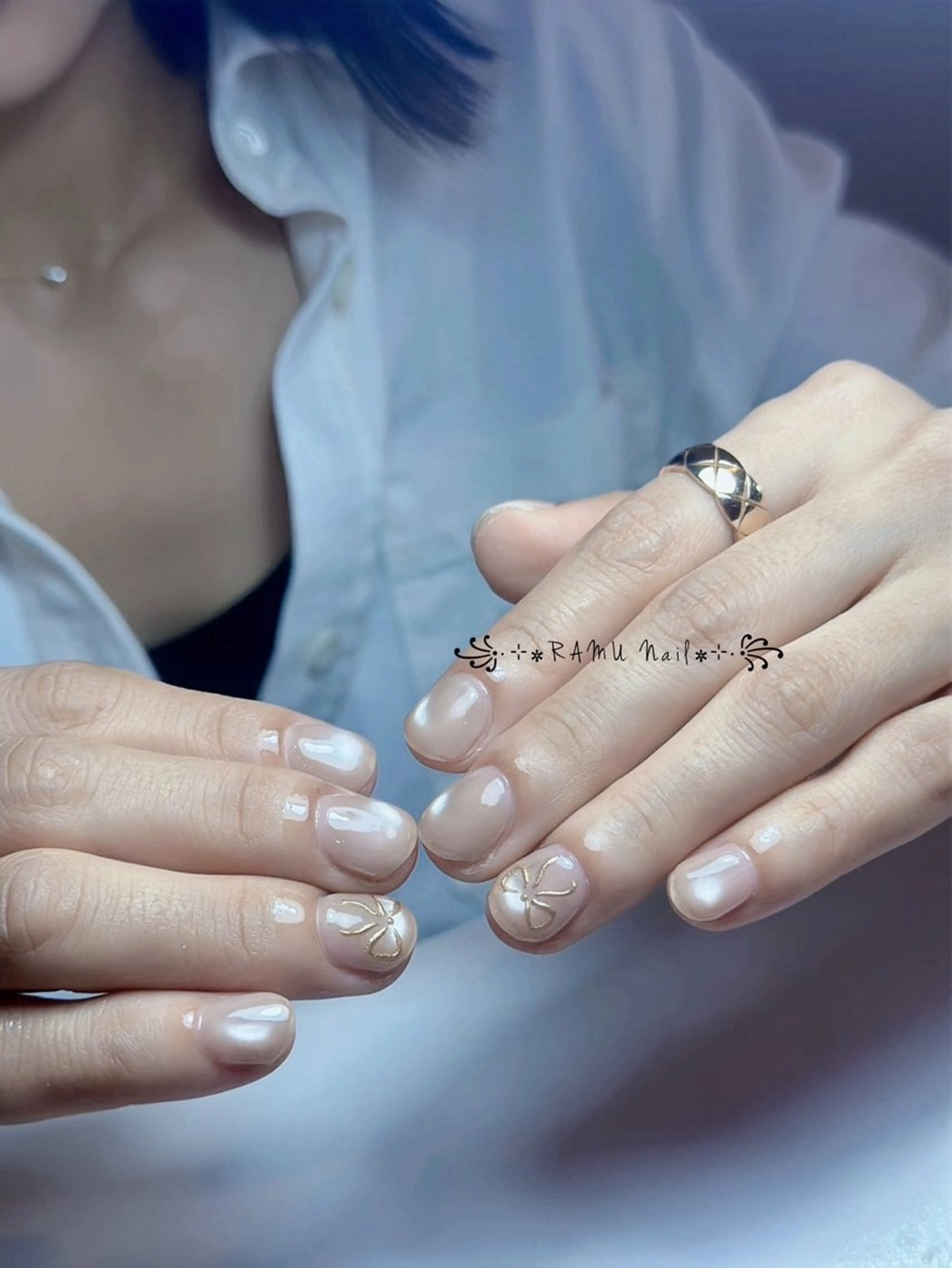 ネイル キラキラネイル マグネットネイル ミラーネイル ピンク リボン ハンドネイル RAMU Nail 恵比寿店のネイルデザイン