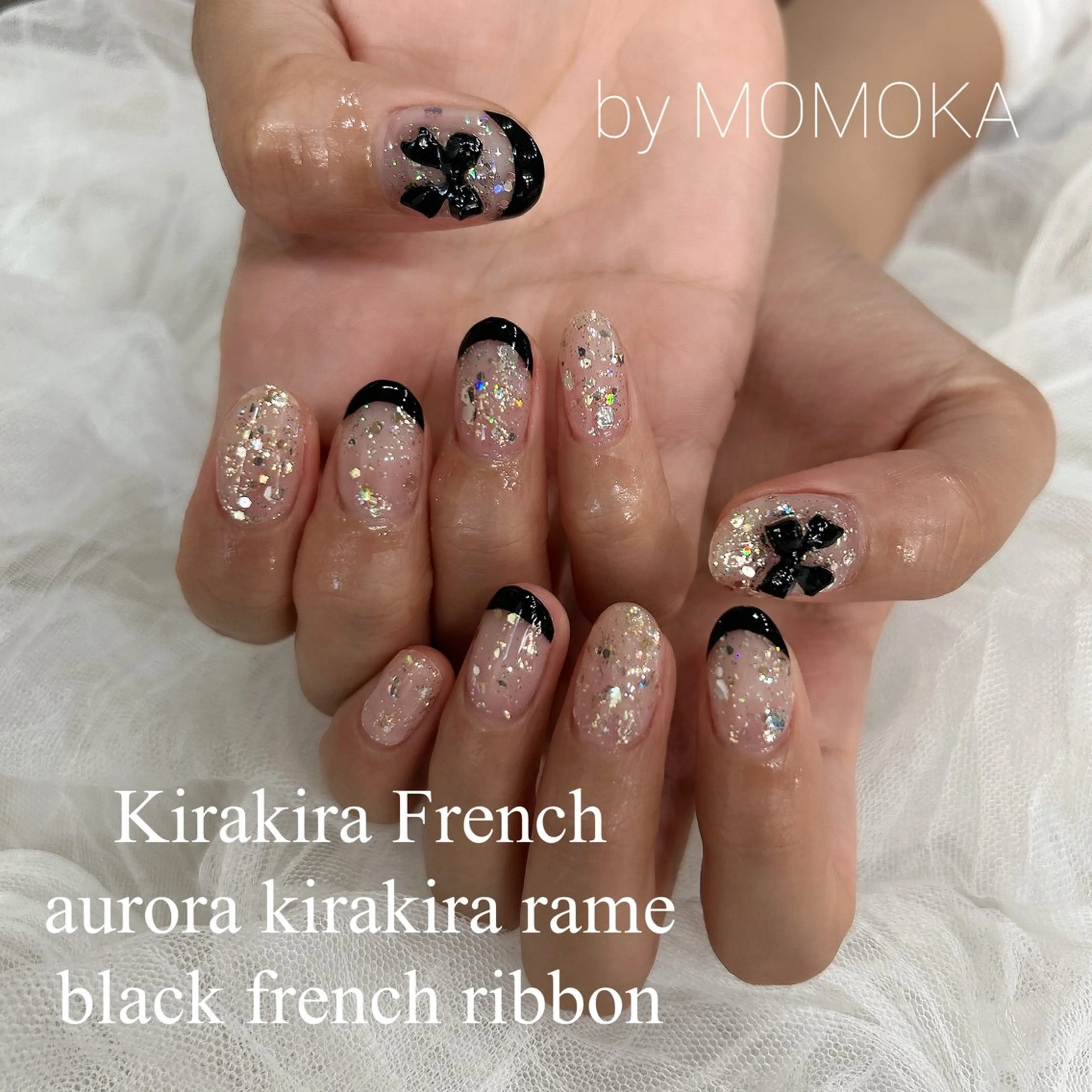 ネイル フレンチネイル キラキラネイル リボン ハンドネイル momoka_nails所属・Momo Nailsのネイルデザイン