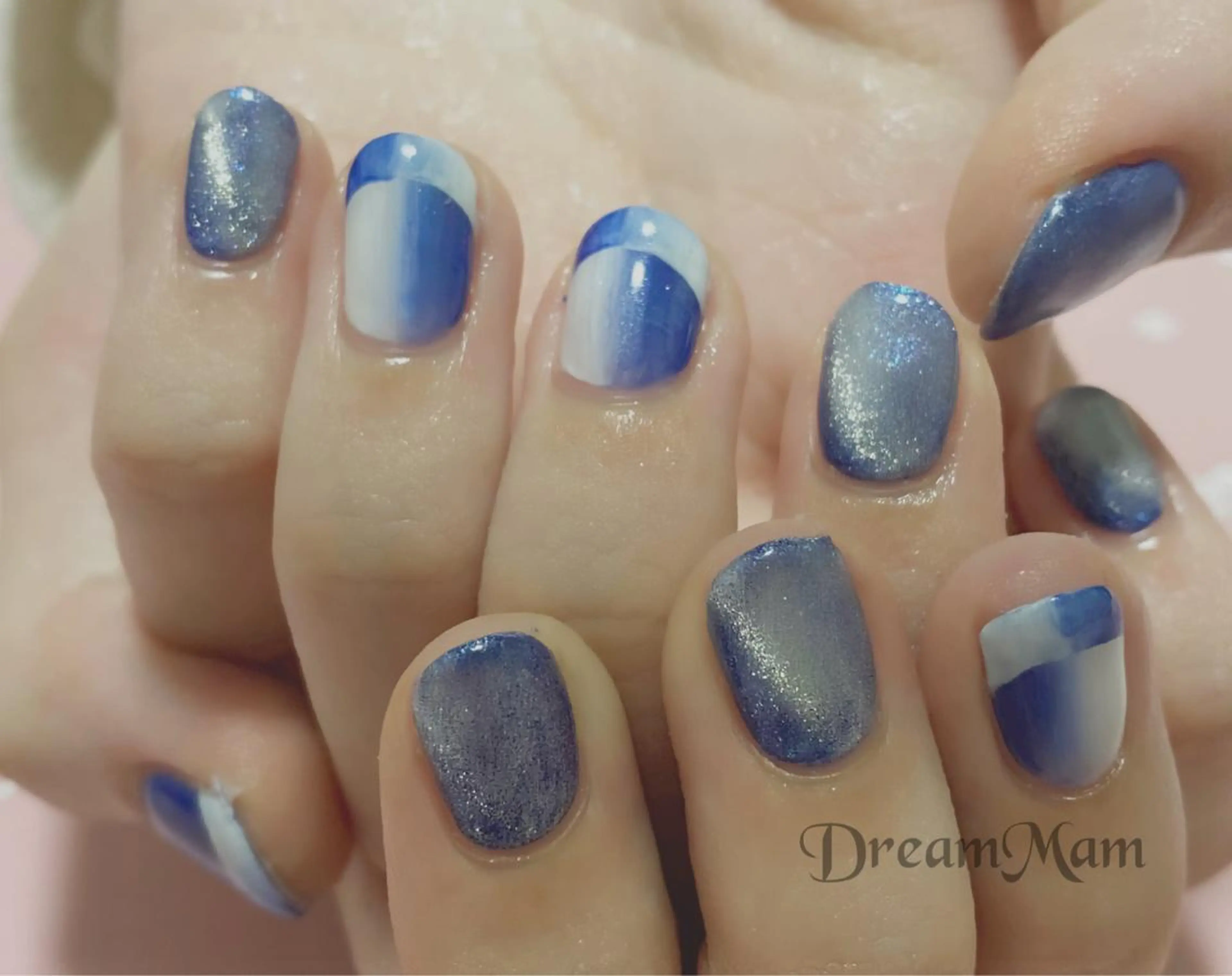 ネイル フレンチネイル ジェルネイル ガラスフレンチ グリーン マグネットネイル ハンドネイル Nail Salon Dream Mamのネイルデザイン