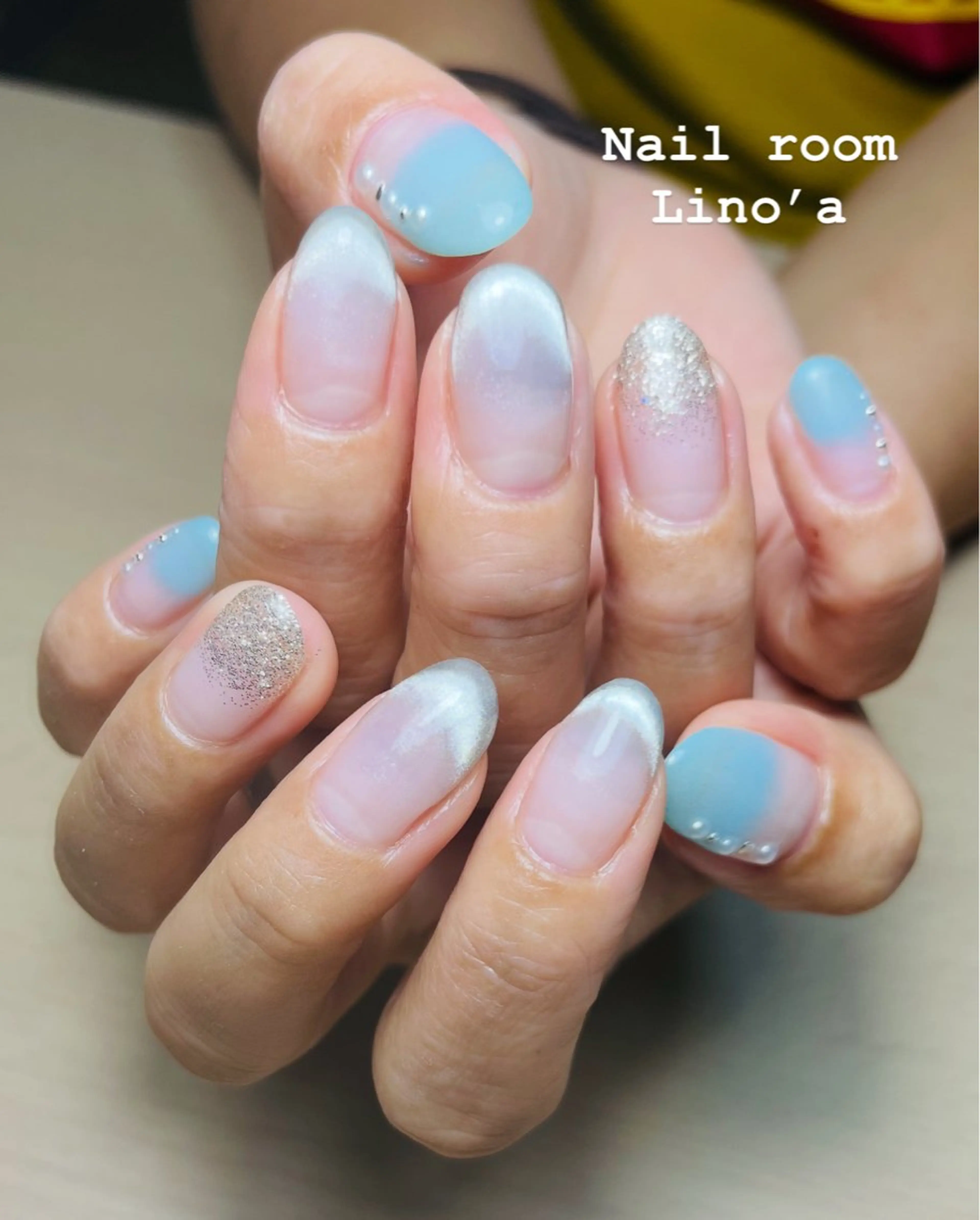 ネイル ブルー フレンチネイル グラデーション マグネットネイル マグネットフレンチ ハンドネイル Nail room Lino’aのネイルデザイン