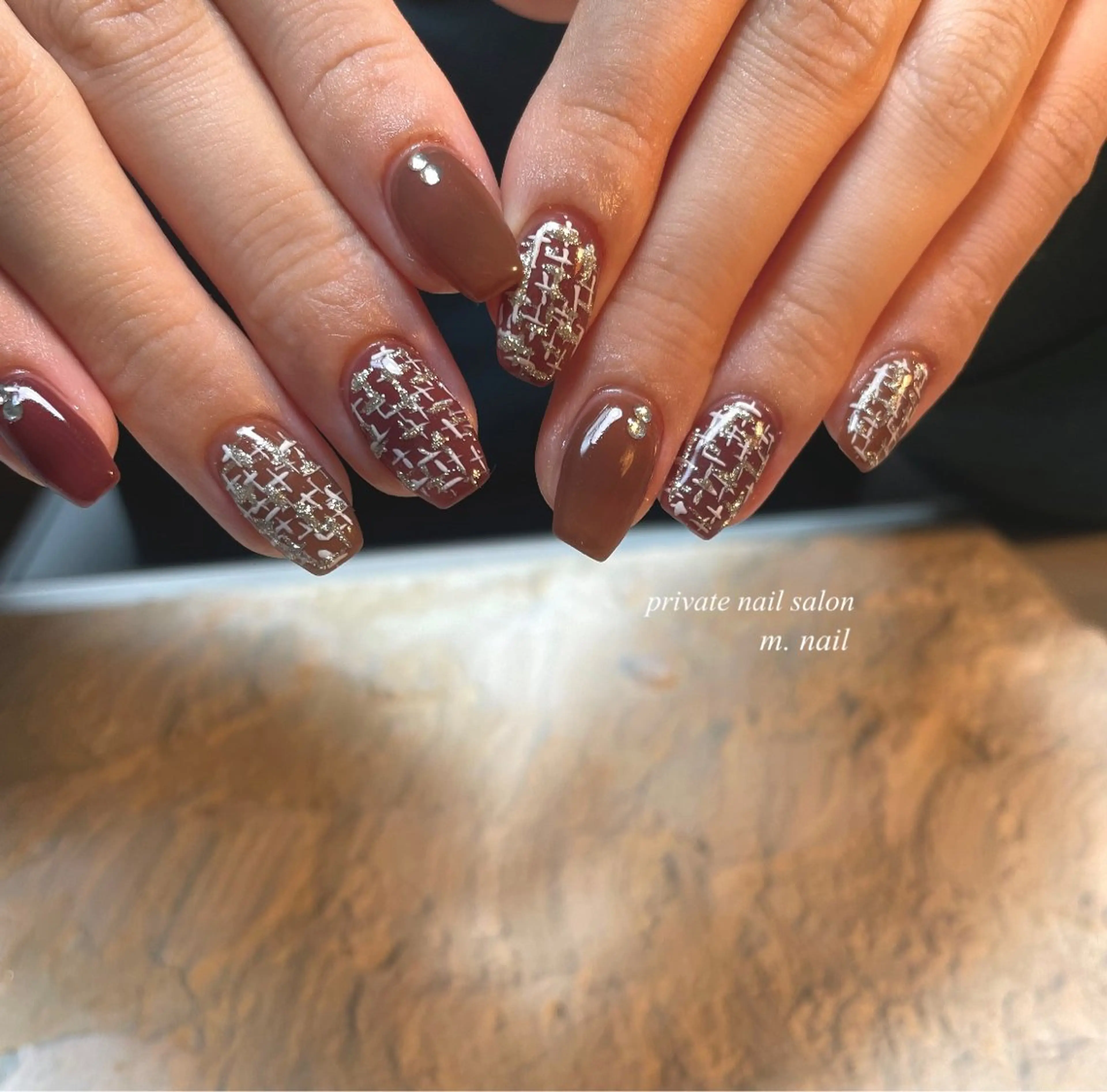 ネイル ブラウン フレンチネイル ハート 韓国ネイル ニュアンスネイル ハンドネイル m.nail salonのネイルデザイン