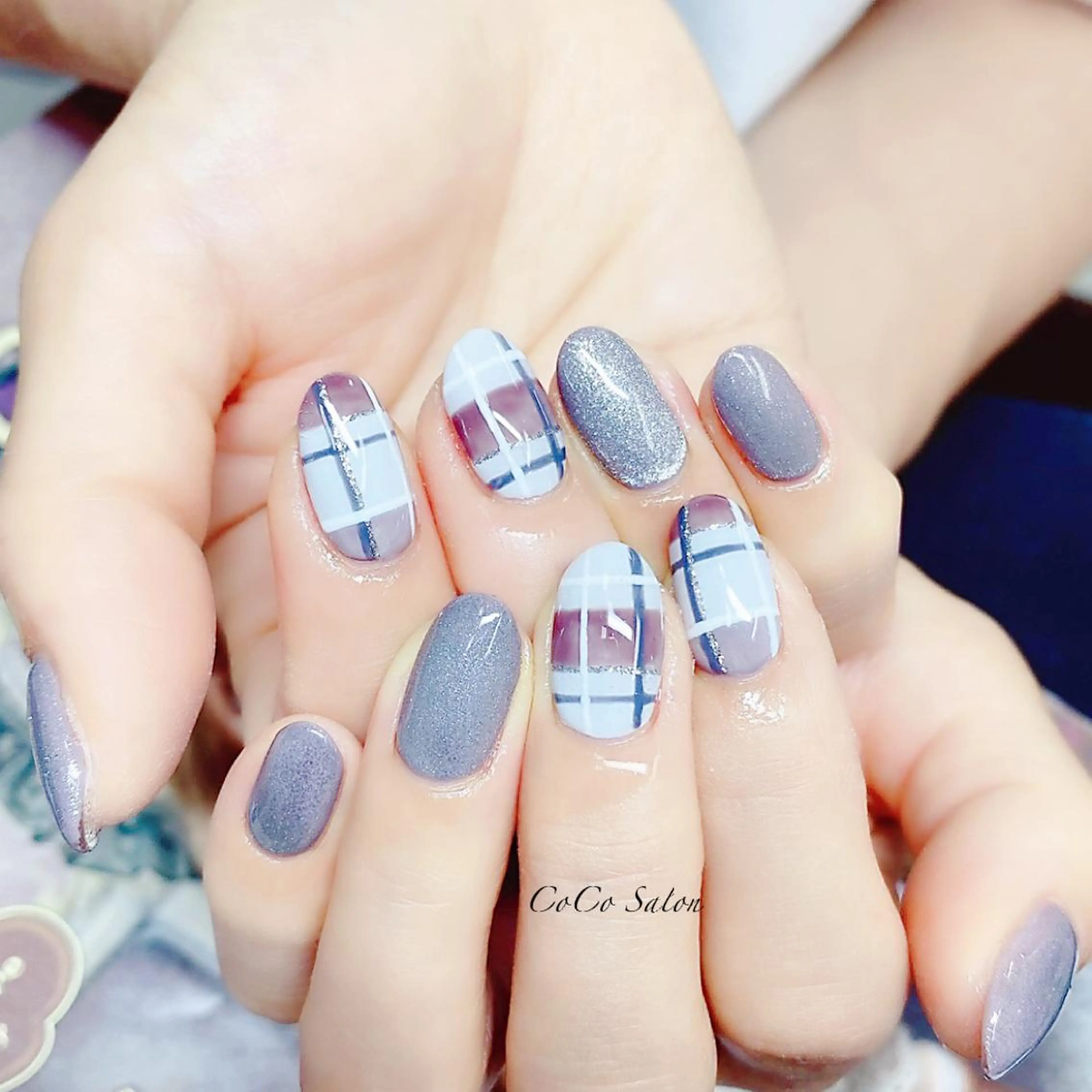 ネイル ブルー 長さ出し ジェルネイル 韓国ネイル オフィスネイル ハンドネイル CoCoSalon ネイル/まつ毛予約のネイルデザイン