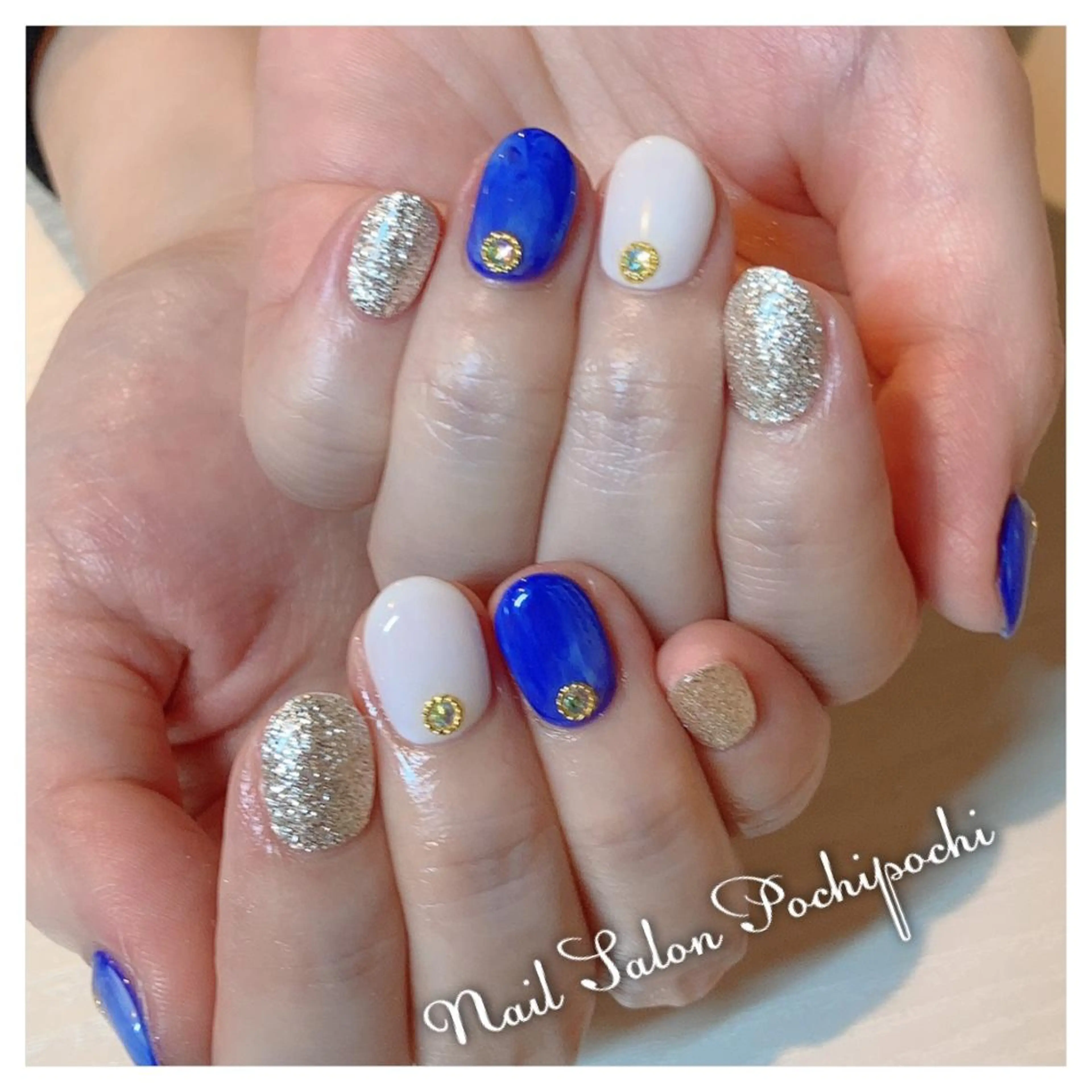 ネイル ブルー ジェルネイル ラメ(グリッター) ワンカラーネイル シルバー Nail Salon Mahaloのネイルデザイン