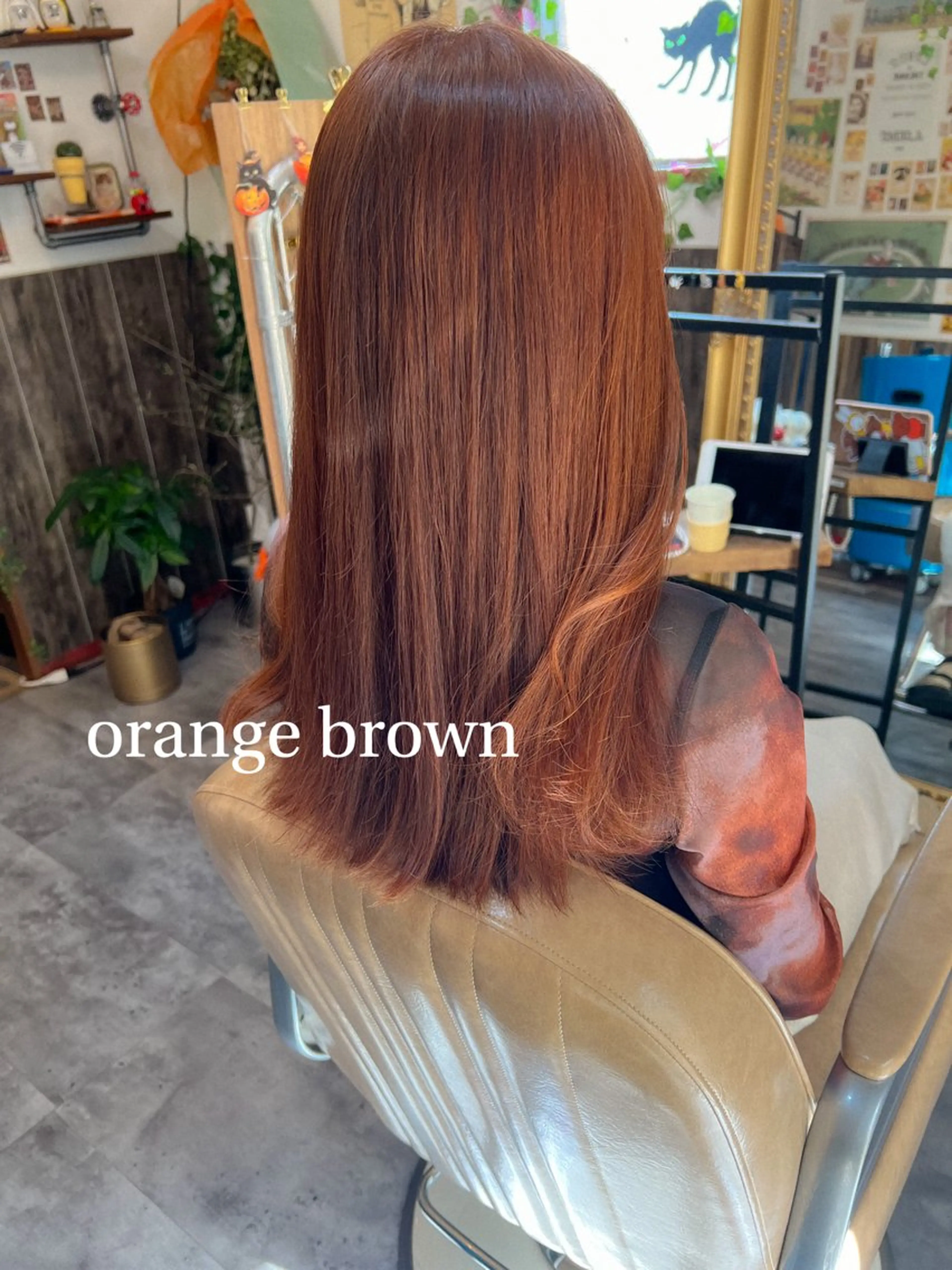 セミロング カラー ブリーチ ブラウンカラー ブリーチなしカラー オレンジ オレンジブラウン カット ヘアカラー トリートメント カラーパティシエ facce🌼ikoのヘアスタイル