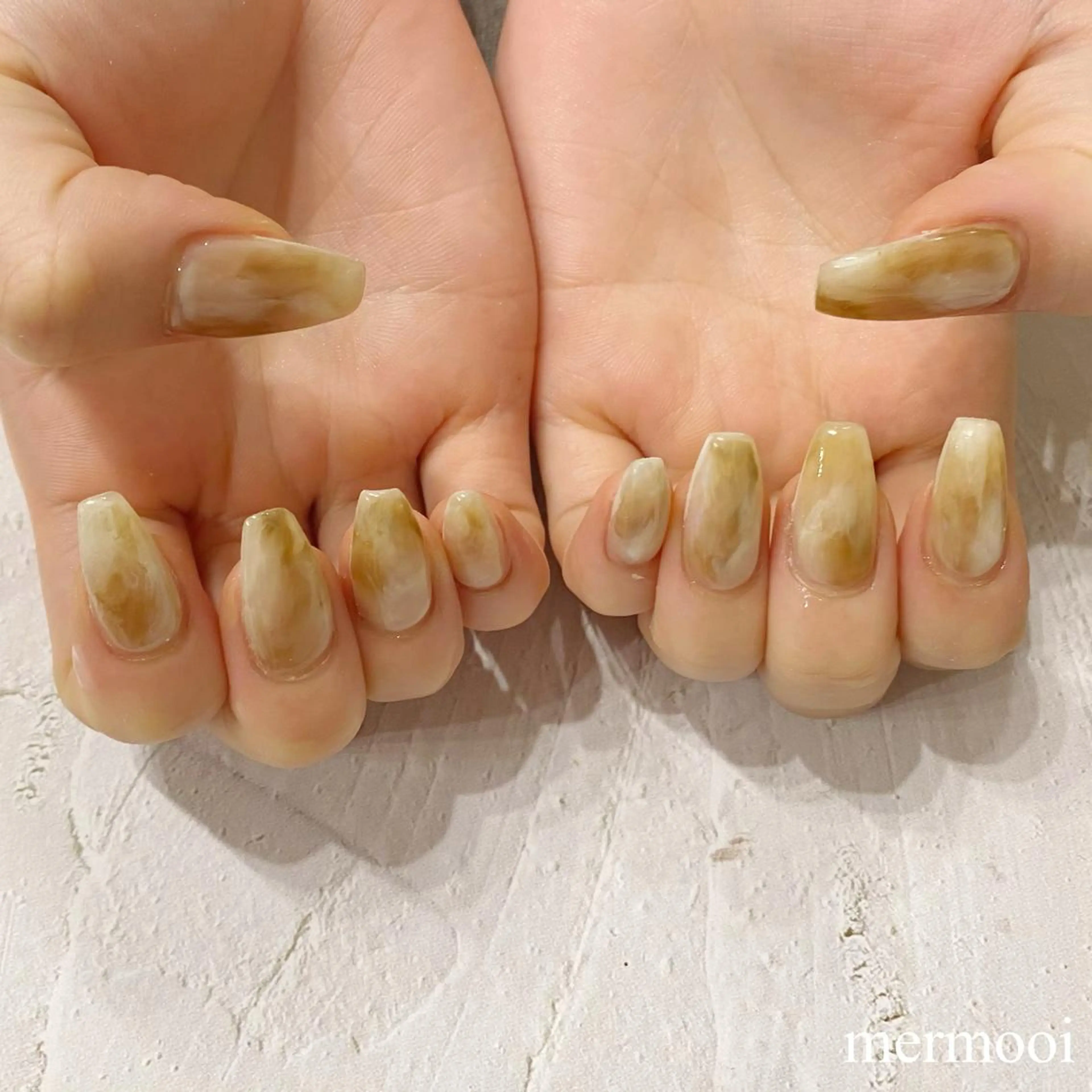 ネイル ブラウン 韓国ネイル ロングネイル 大理石ネイル(マーブル) ニュアンスネイル ハンドネイル mermooi nailのネイルデザイン