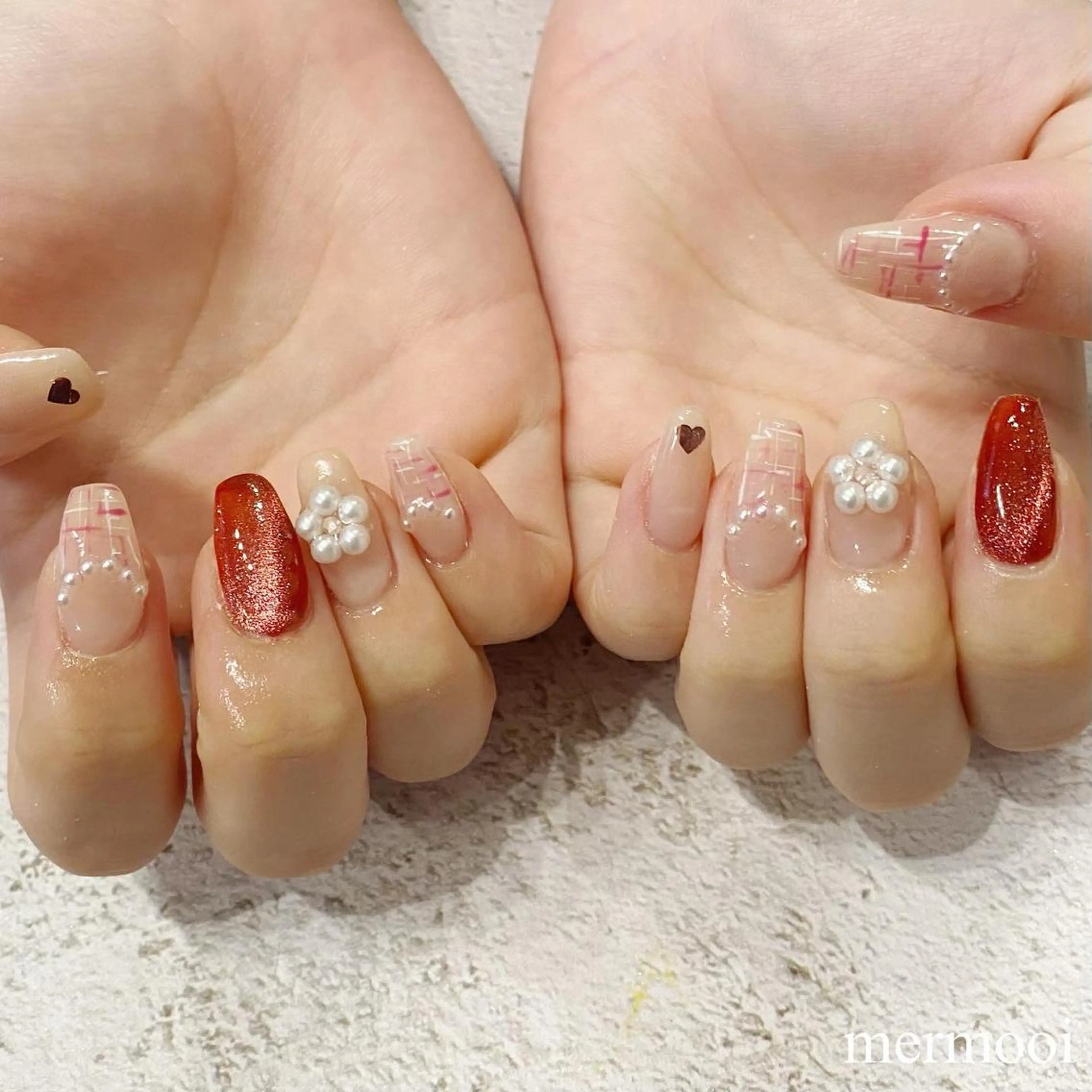 ネイル マグネットネイル ニュアンスネイル ピンク ツイードネイル ハンドネイル mermooi nailのネイルデザイン