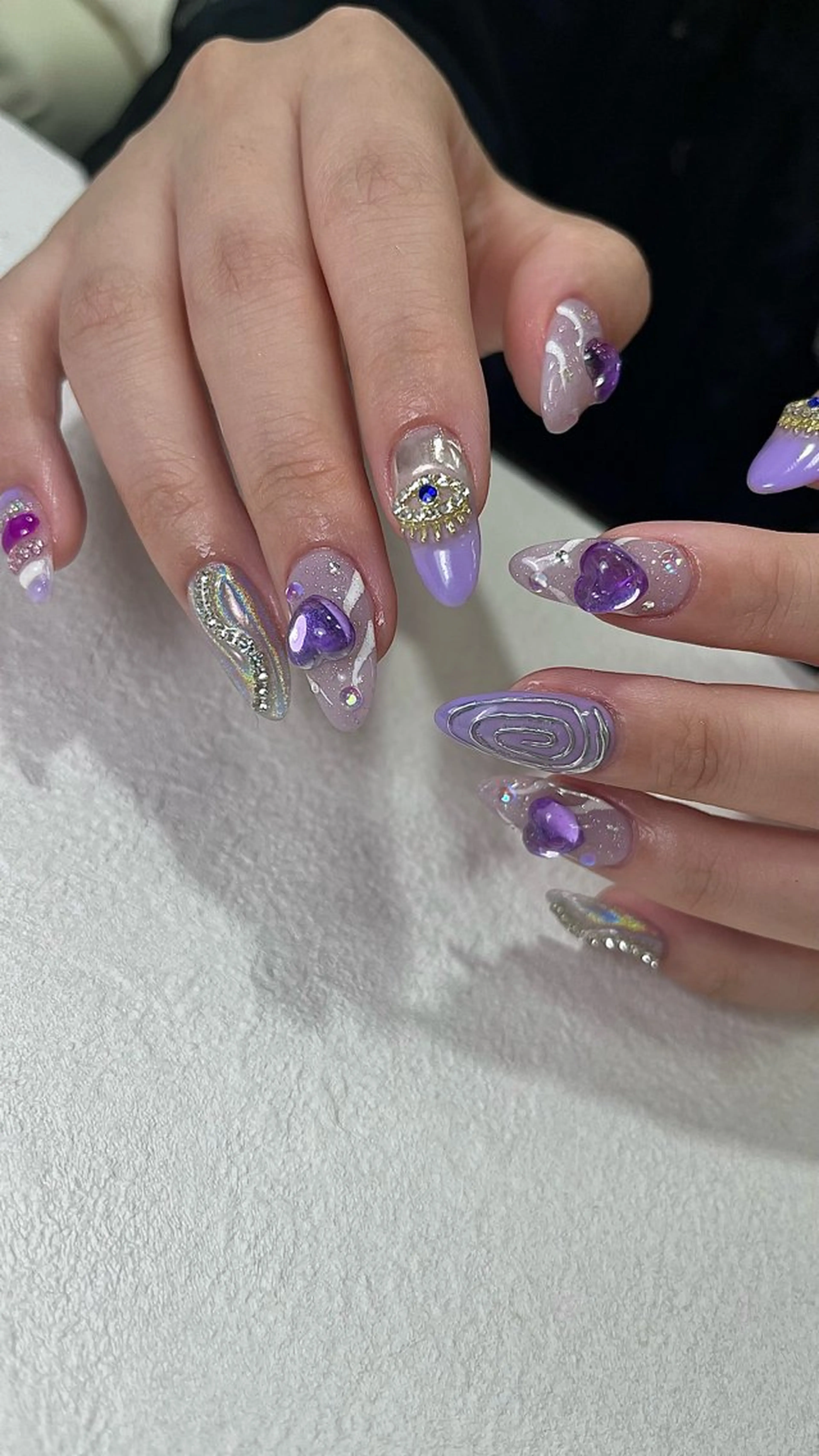 ネイル ハート キラキラネイル ロングネイル パープル スカルプネイル ハンドネイル フットネイル para ☀︎ sol by BECK所属・Para Sol nail　Maoのネイルデザイン