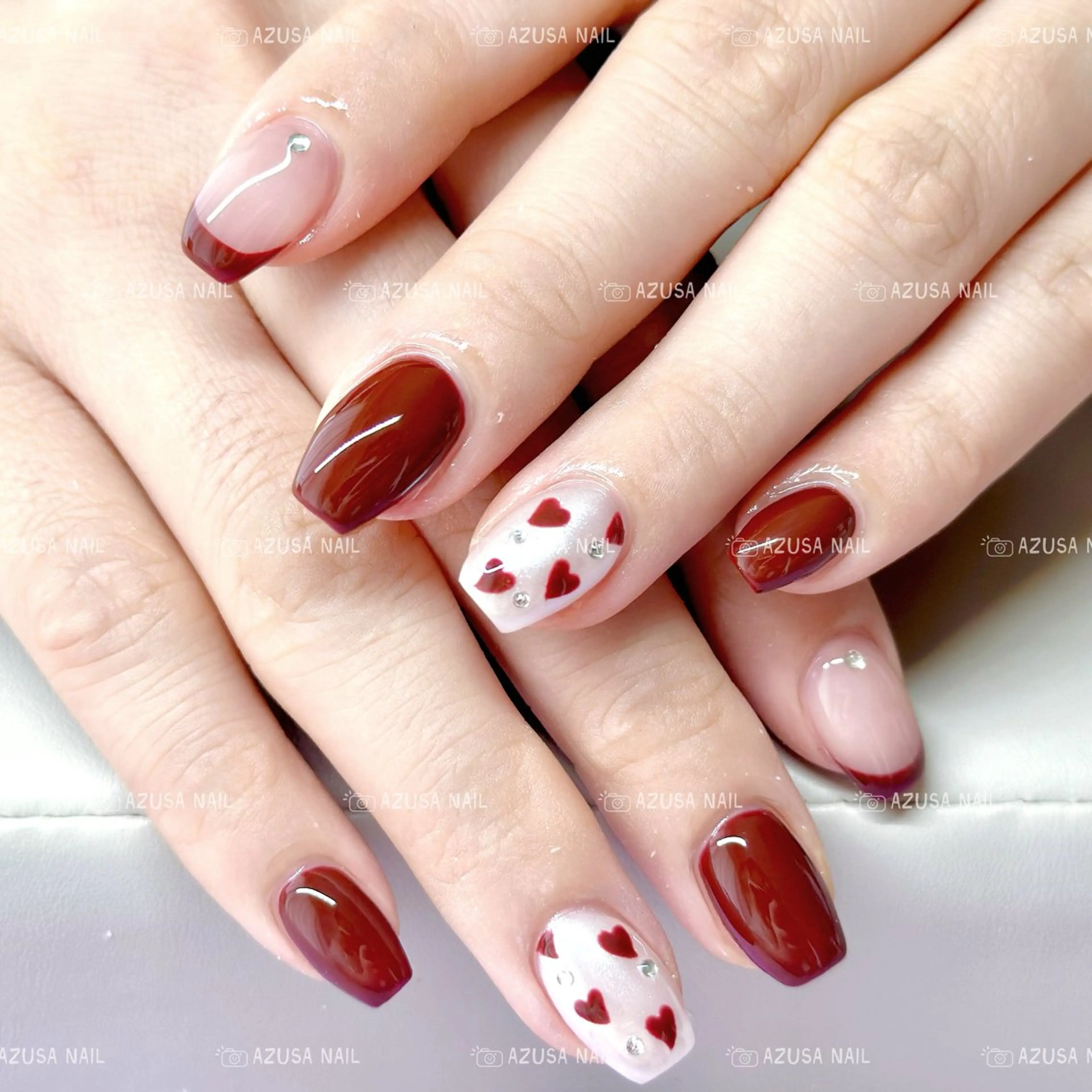 ネイル ボルドー フラッシュネイル フレンチネイル ガーリー ハート ハンドネイル 🧸自宅ネイル あずさのネイルデザイン