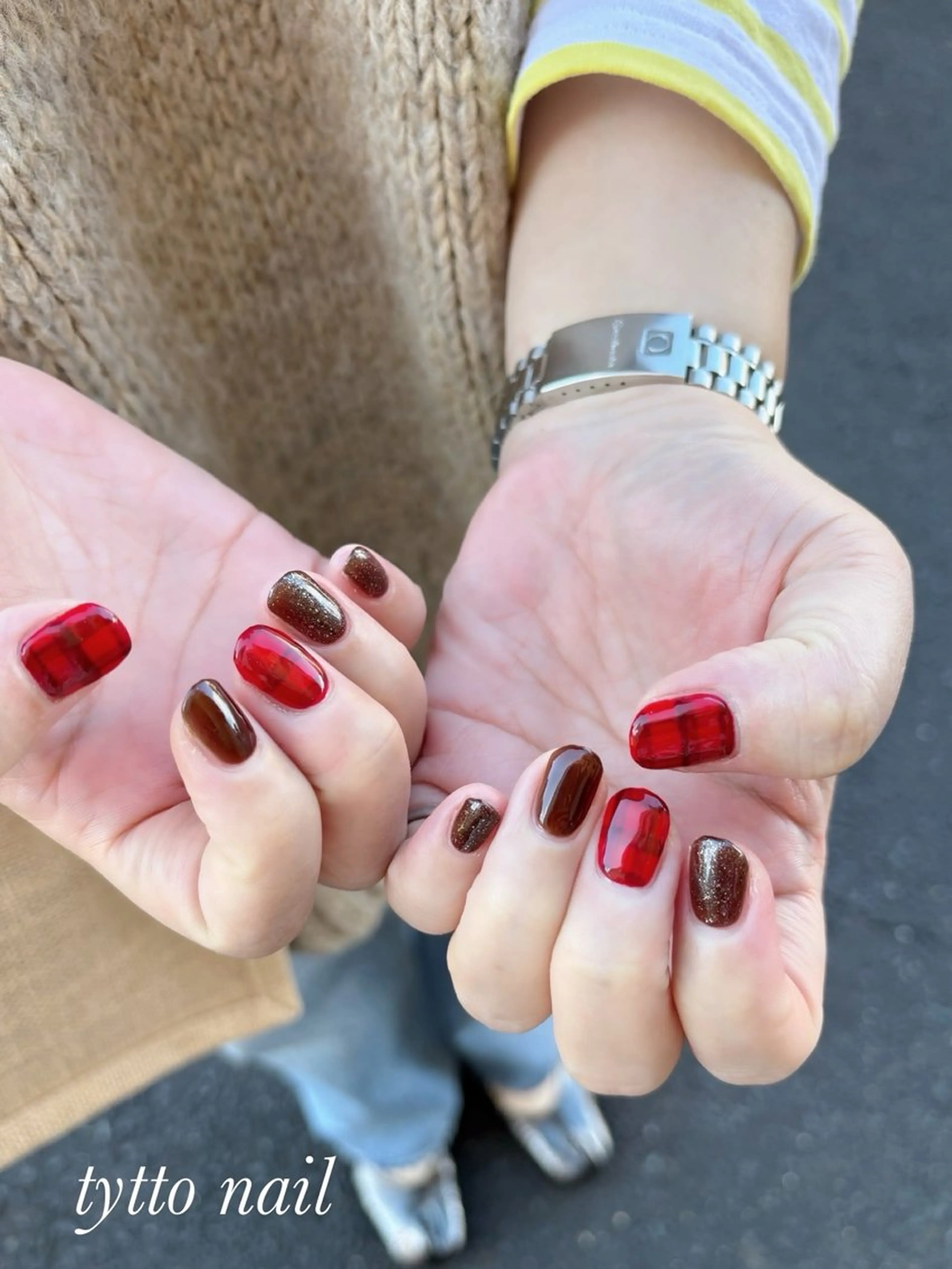 ネイル ブラウン グラデーション オフィスネイル ワンカラーネイル 赤色 ハンドネイル tytto nail ❤︎‪‪eri‪‪のネイルデザイン