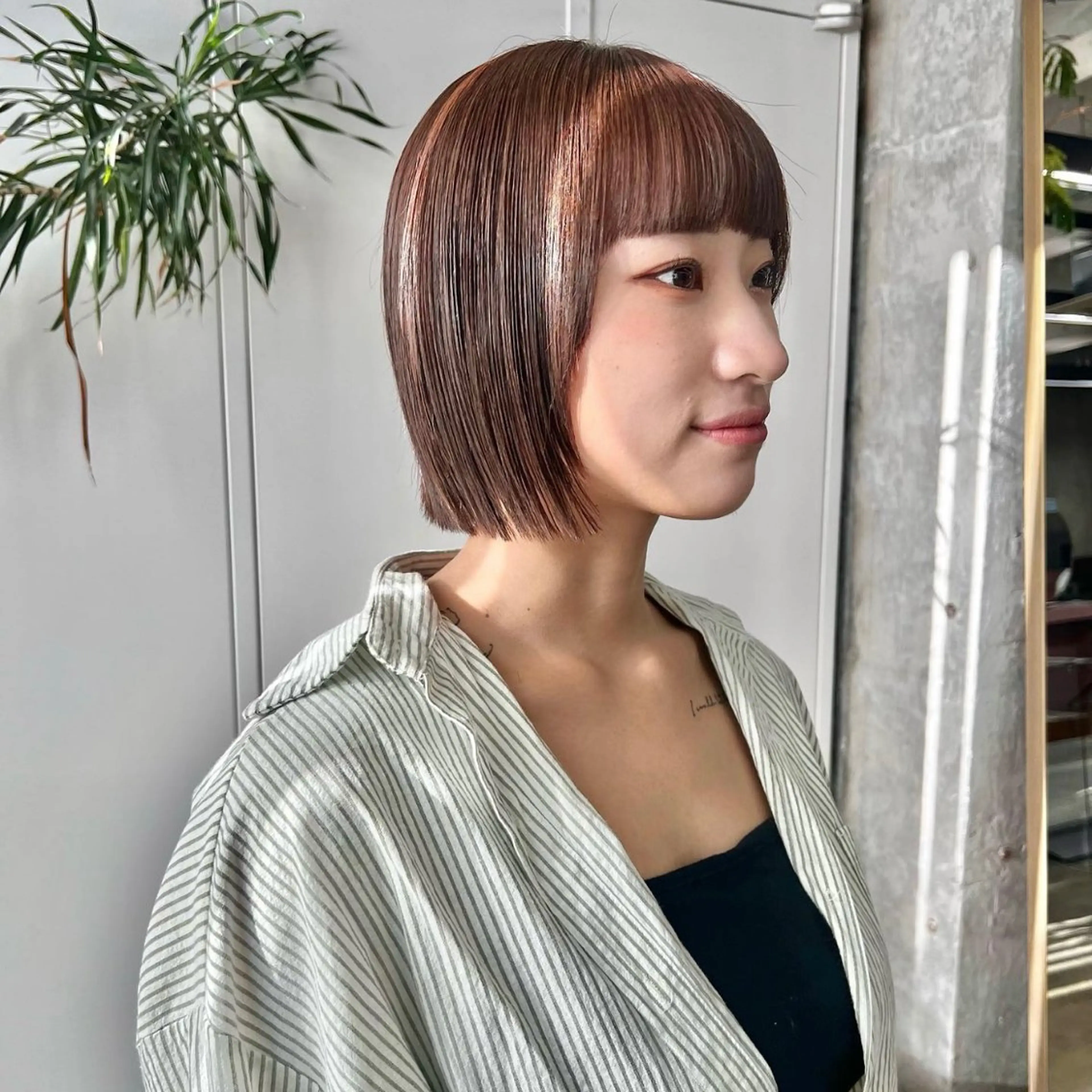 ミディアム カラー 切りっぱなしボブ ブラウンカラー オレンジ オレンジブラウン ボブ ヘアカラー トリートメント 韓国 /男女🆗 細江　美紅のヘアスタイル