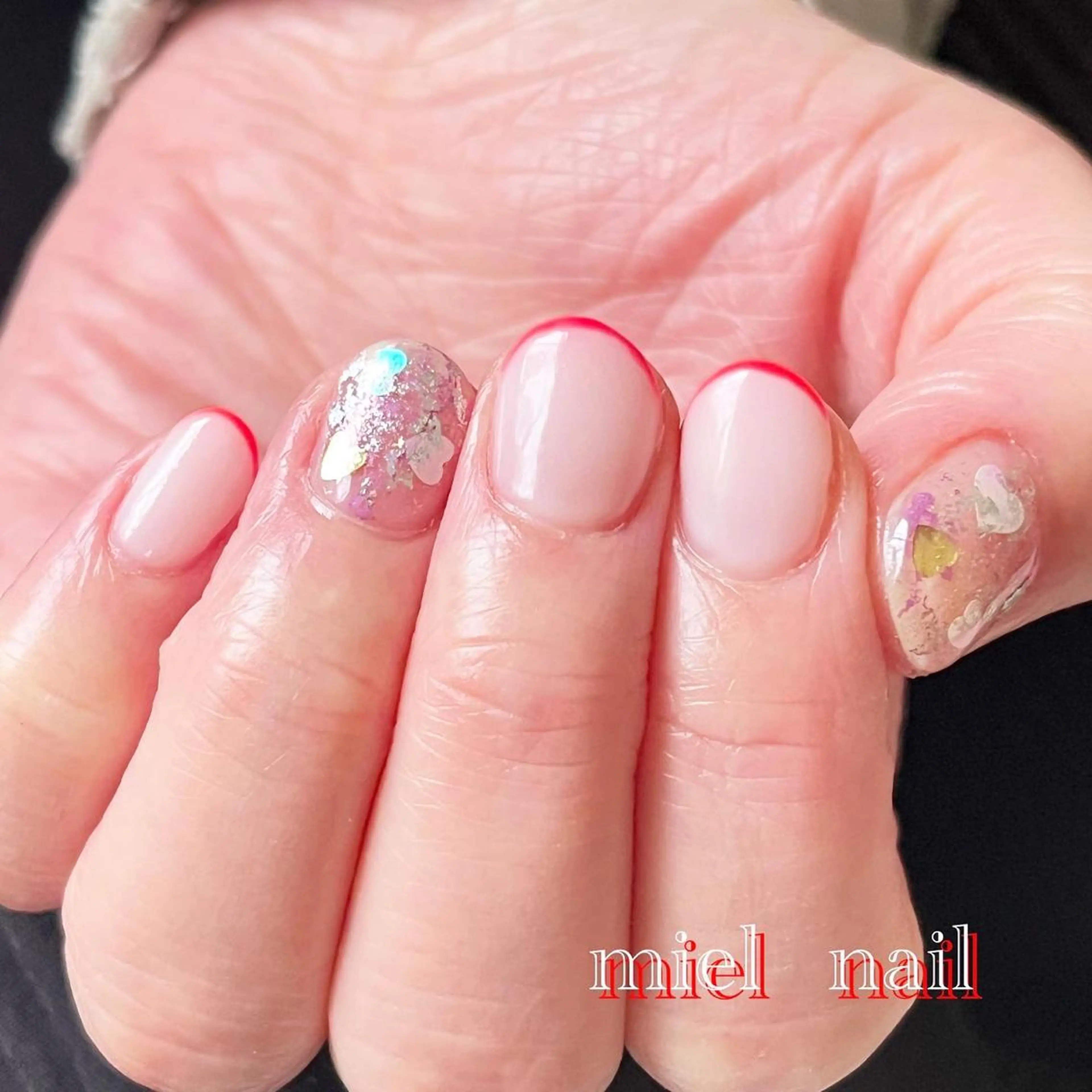ネイル クリアネイル フレンチネイル ハート オレンジ 春ネイル ハンドネイル miel nailのネイルデザイン