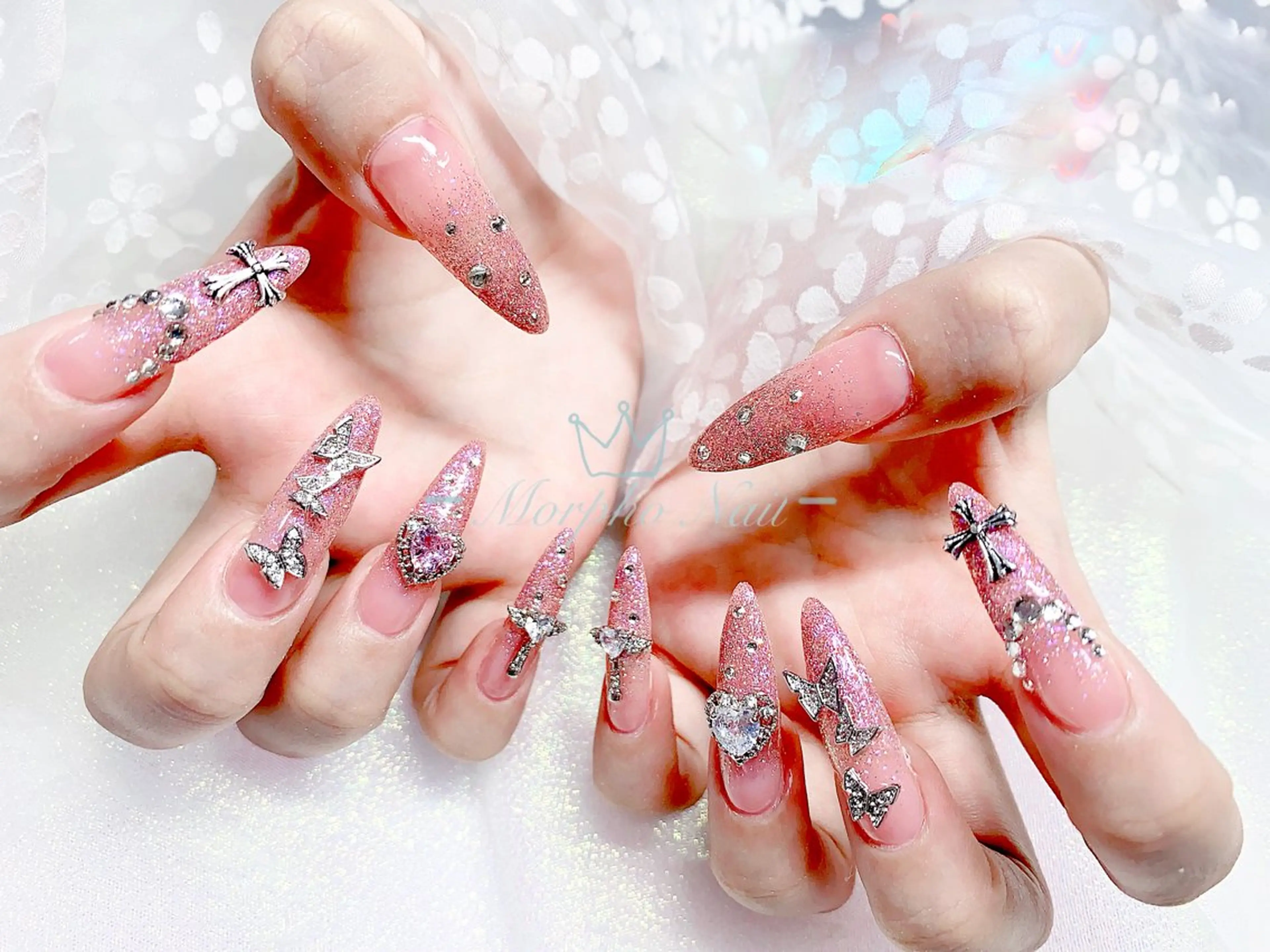 ネイル 長さ出し ジェルネイル キラキラネイル 大理石ネイル(マーブル) ニュアンスネイル ハンドネイル Morpho nailのネイルデザイン