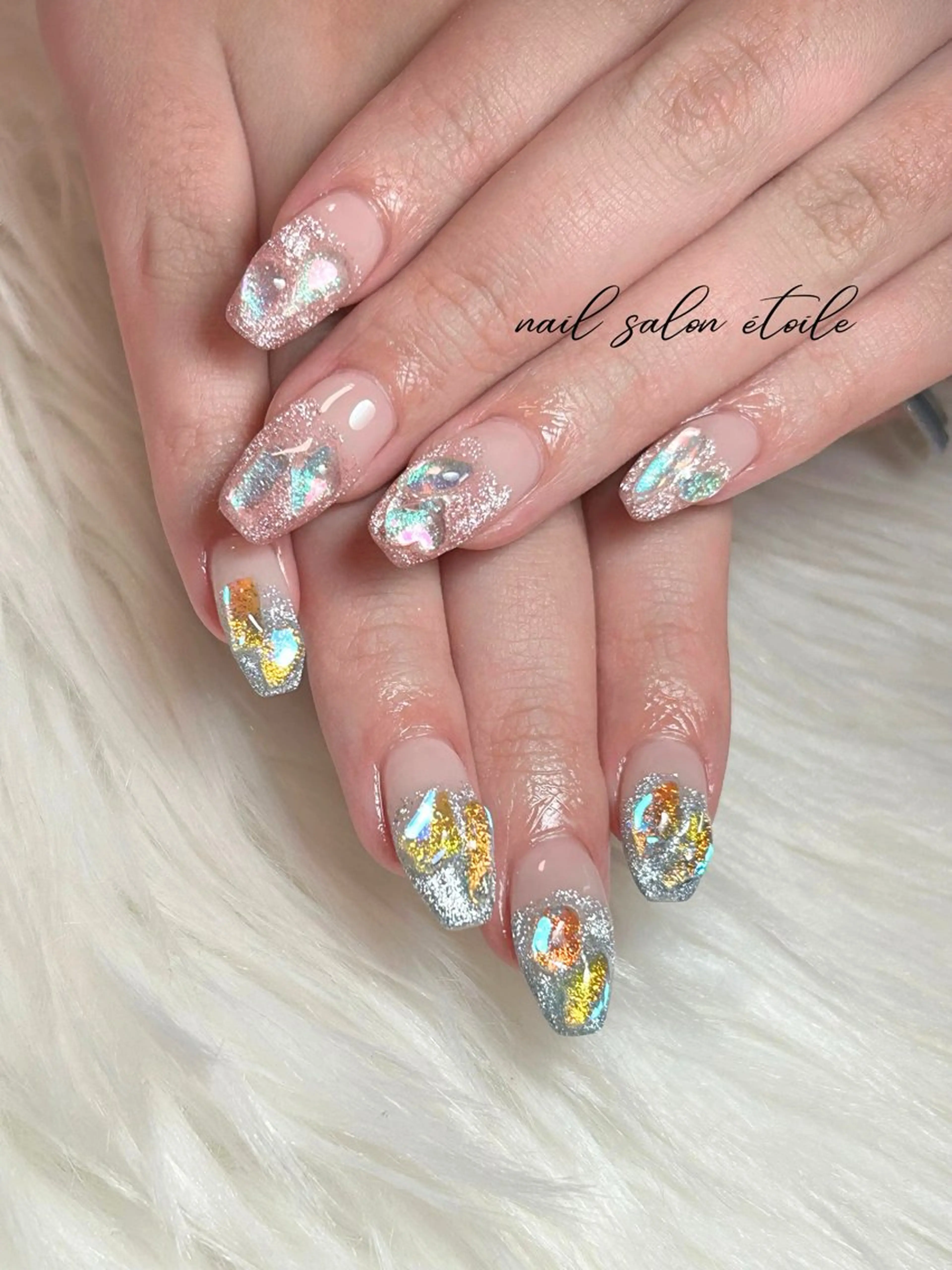 ネイル オーロラネイル ブルー フラッシュネイル ロングネイル ピンク ハンドネイル nail salon étoileのネイルデザイン
