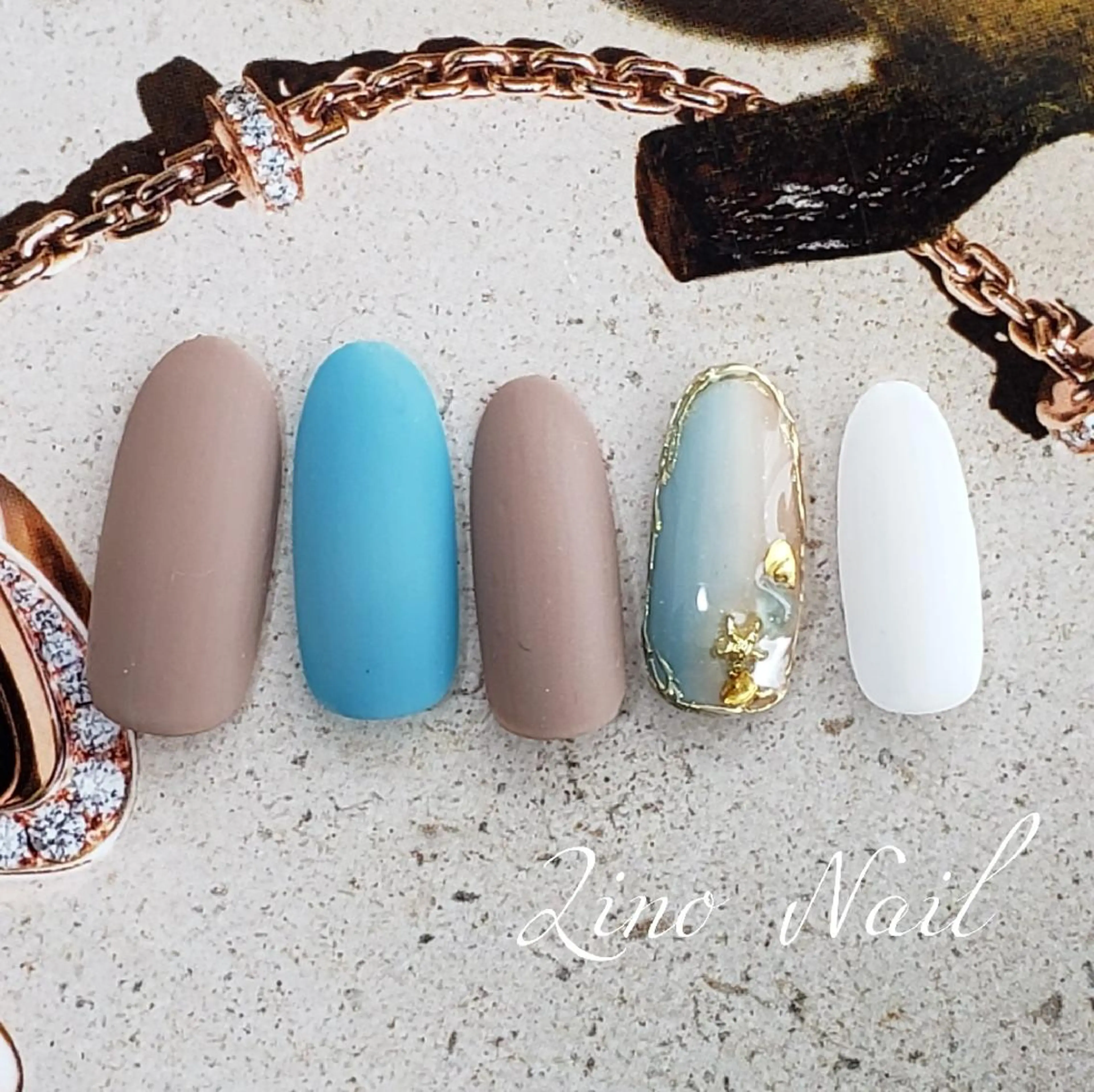 ネイル ブルー ブラウン カジュアル ジェルネイル グラデーション Lino Nailのネイルデザイン