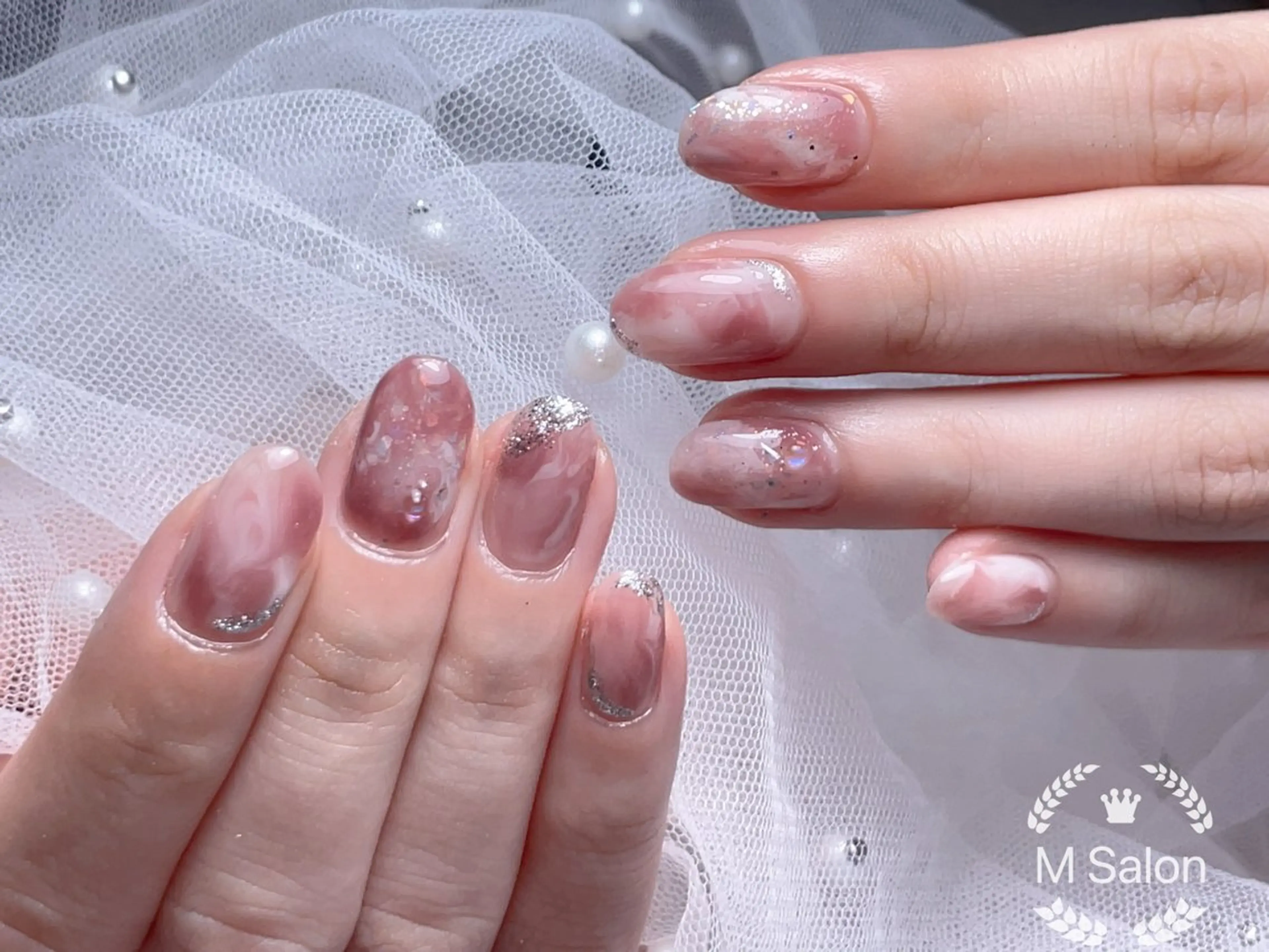 ネイル ブルー チークネイル フレンチネイル ガーリー ハート ハンドネイル Mnail _KKのネイルデザイン