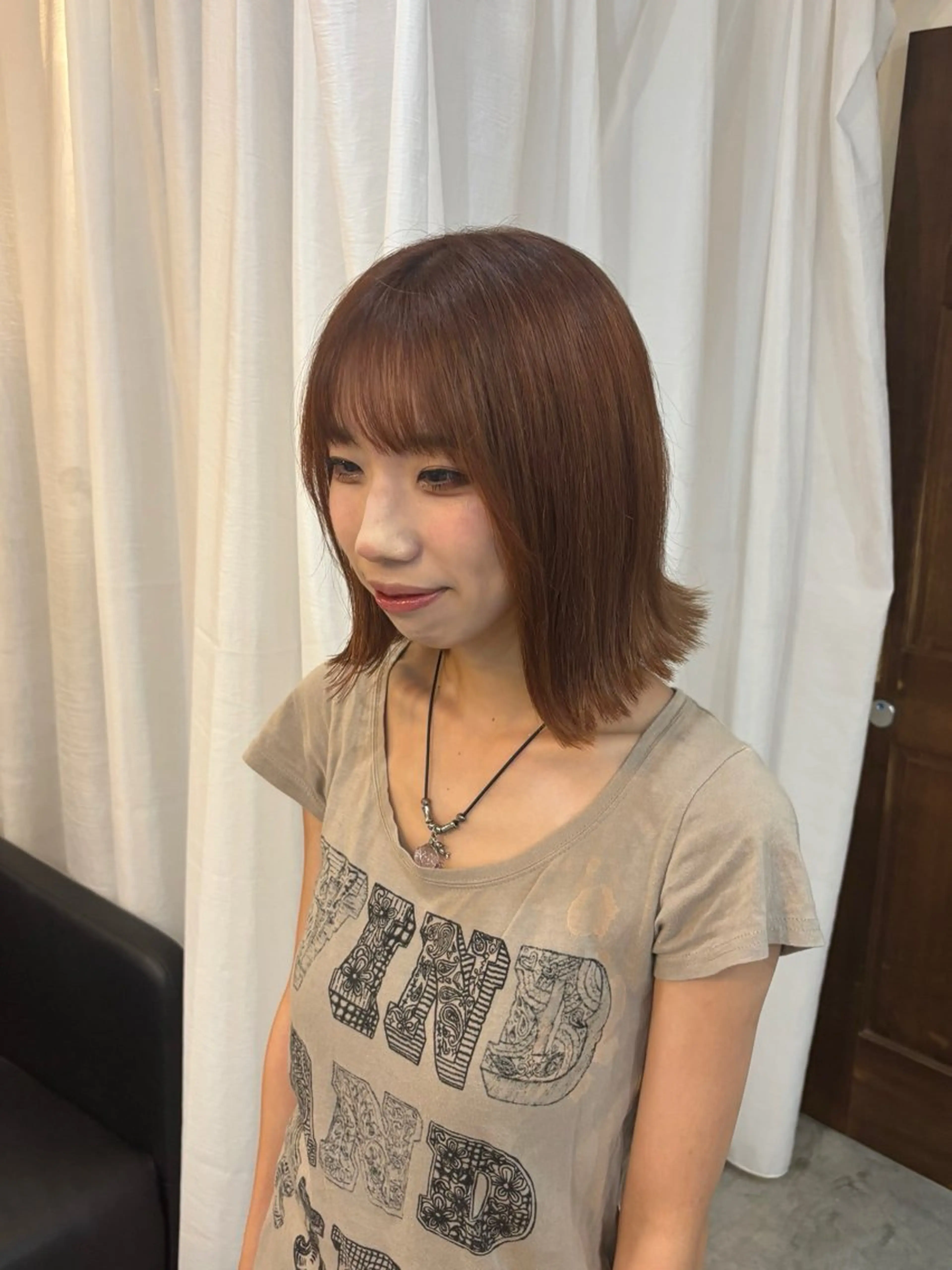 ミディアム オレンジブラウン カット ヘアカラー トリートメント ボブ/可愛いスタイル ⠀夢 空 🌼✨のヘアスタイル