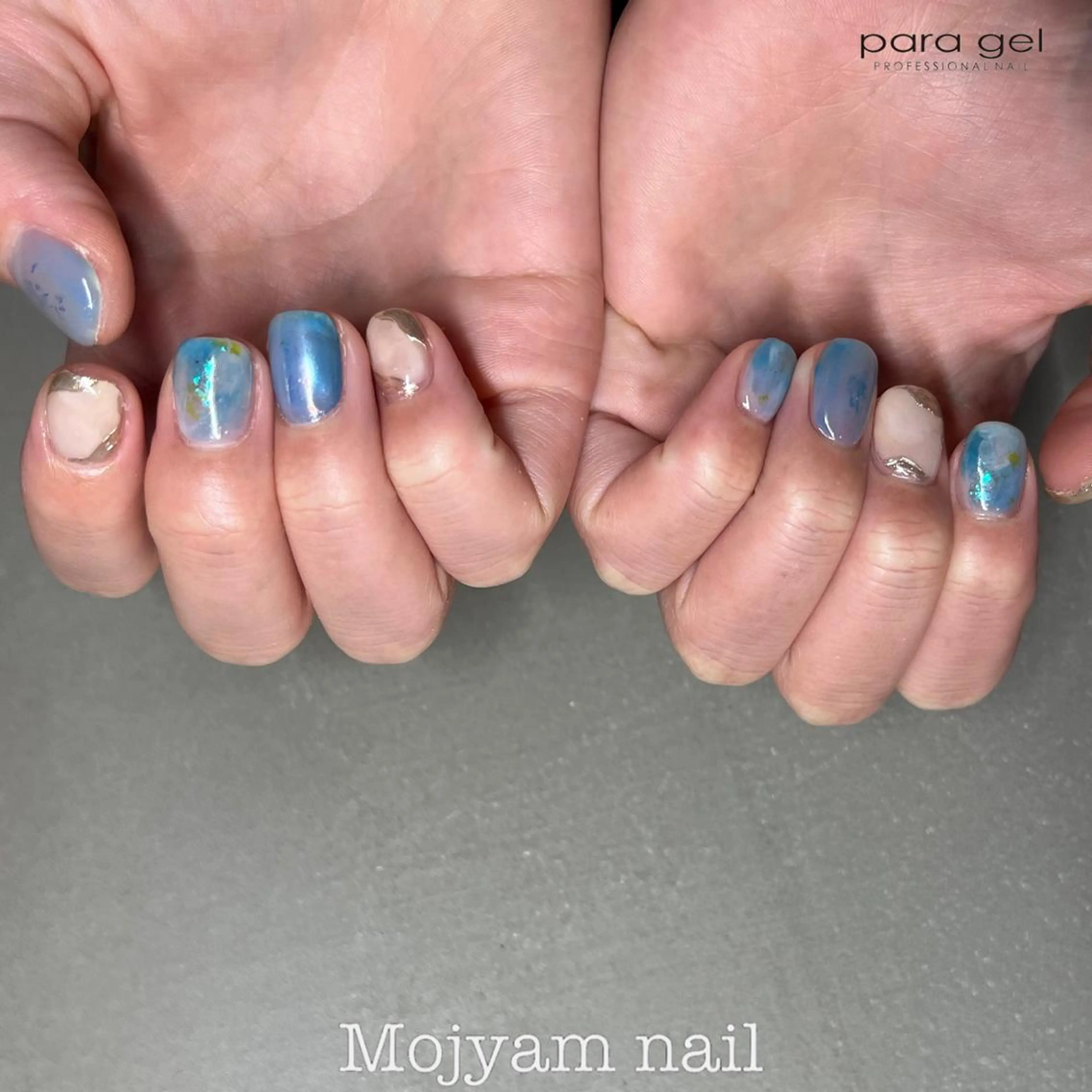 ネイル ブルー ブラウン フラワーネイル 水色 大理石ネイル(マーブル) ハンドネイル Mojyam nail所属・松本 実咲のネイルデザイン