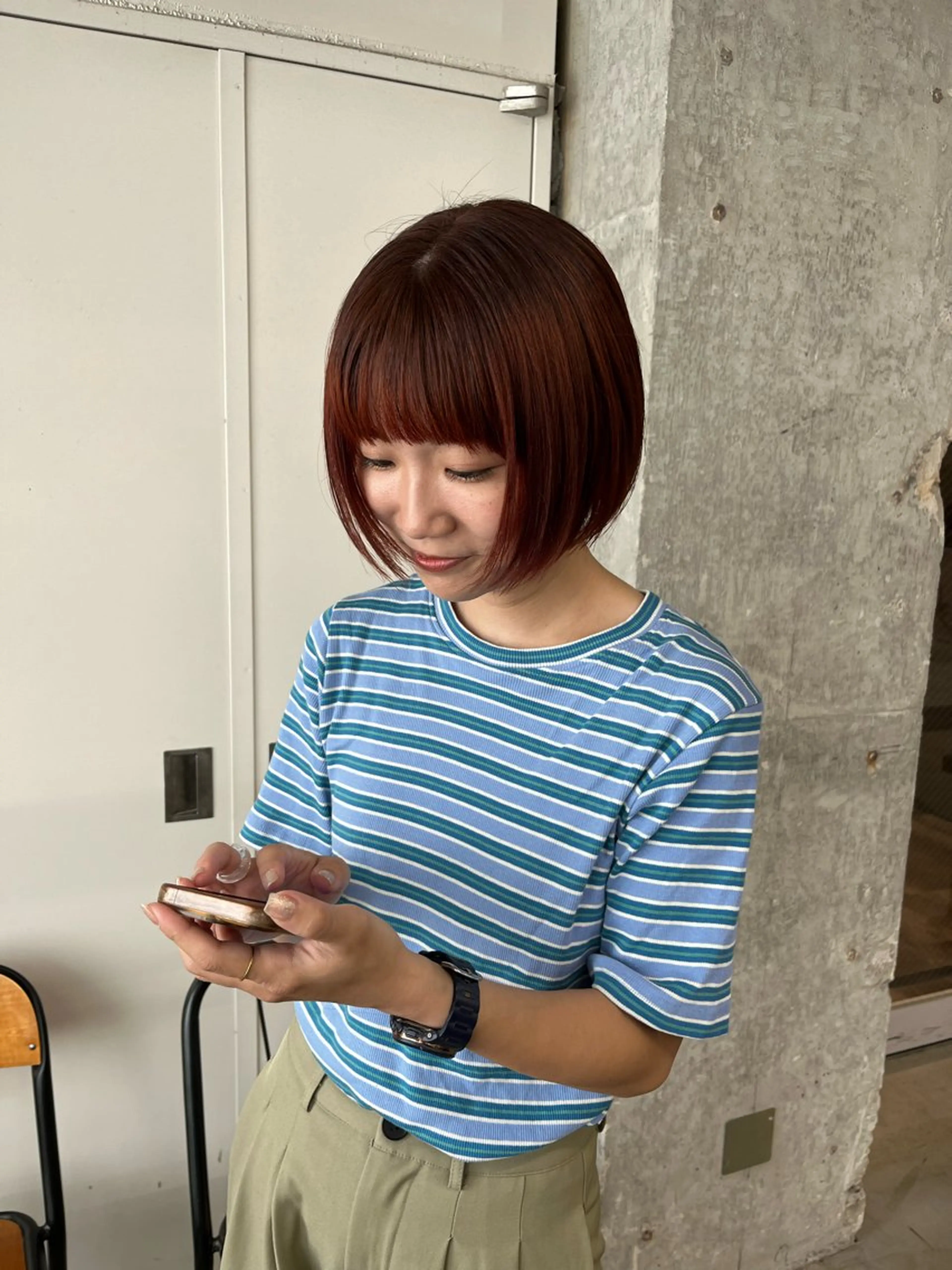 ミディアム カラー ブリーチ ダブルカラー ブリーチなしカラー オレンジ ピンクカラー カット ヘアカラー 小木曽智美 /ボブ/ショートのヘアスタイル