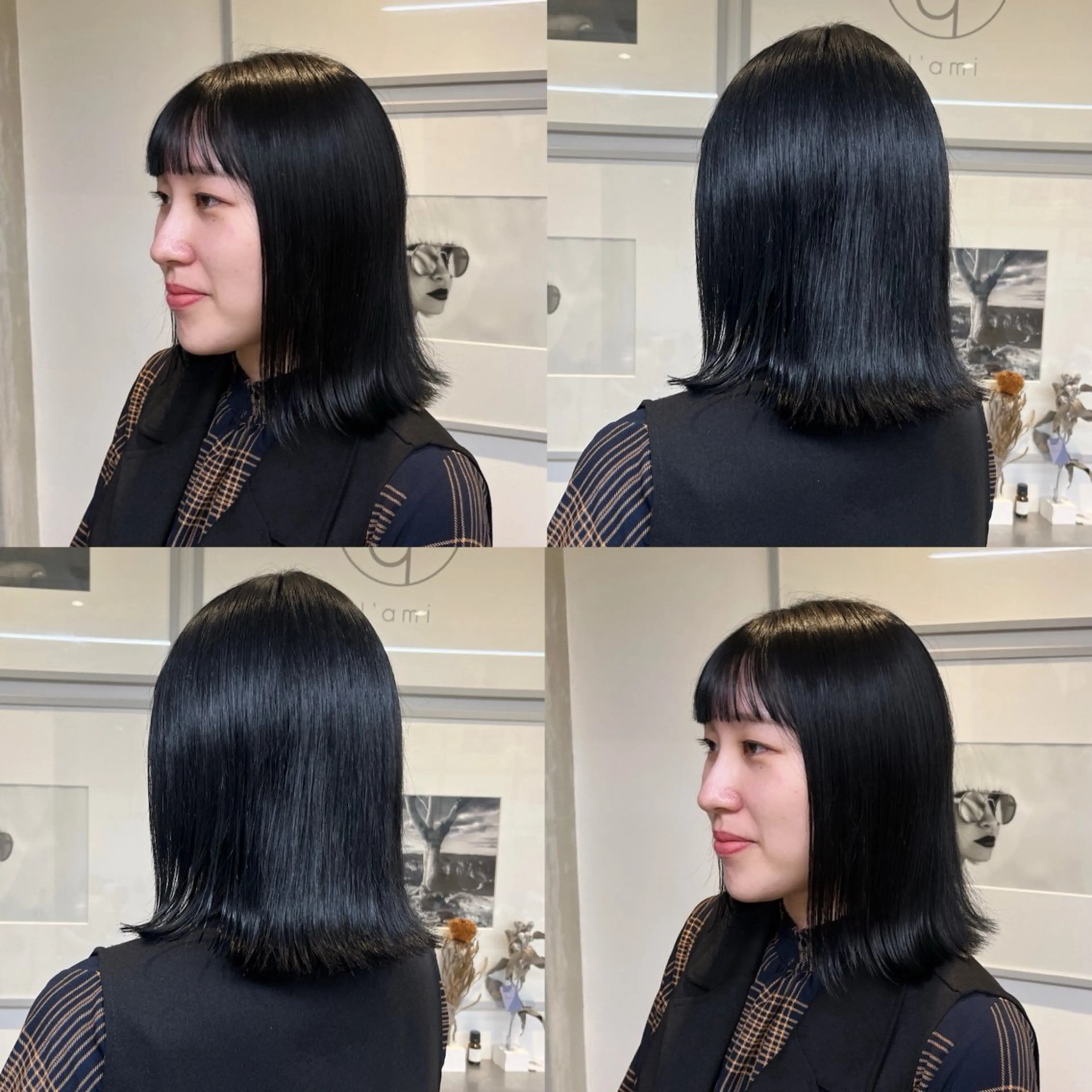 ミディアム カラー 切りっぱなしボブ 黒髪 ブルーカラー ブルーブラック 透明感カラー ヘアカラー トリートメント ヘッドスパ ヘアセット カジュアルを女っぽく 𝗮𝘆𝗮𝗰𝗼のヘアスタイル