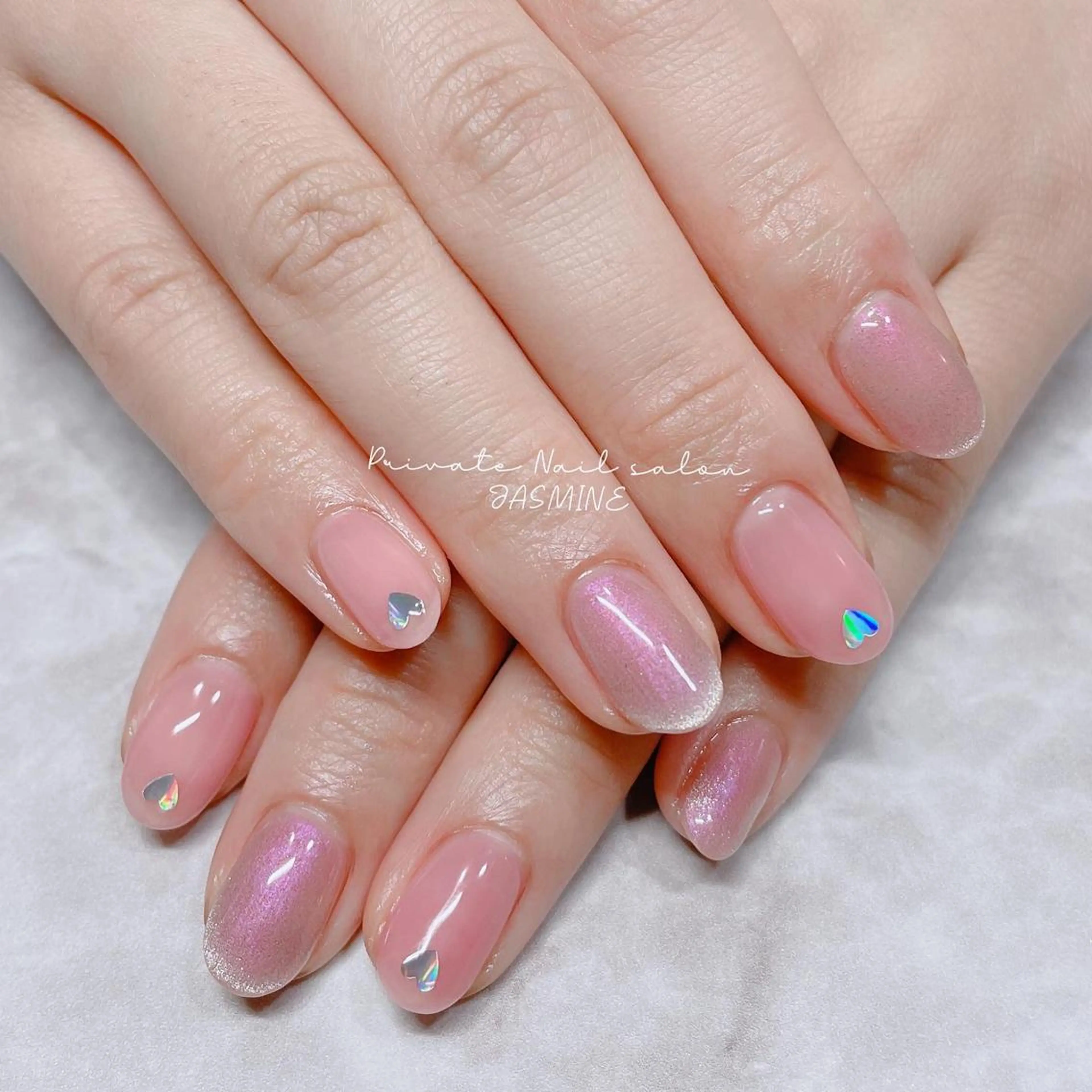 ネイル フレンチネイル ハート マグネットネイル マグネットフレンチ ピンク Nail salon JASMINEのネイルデザイン