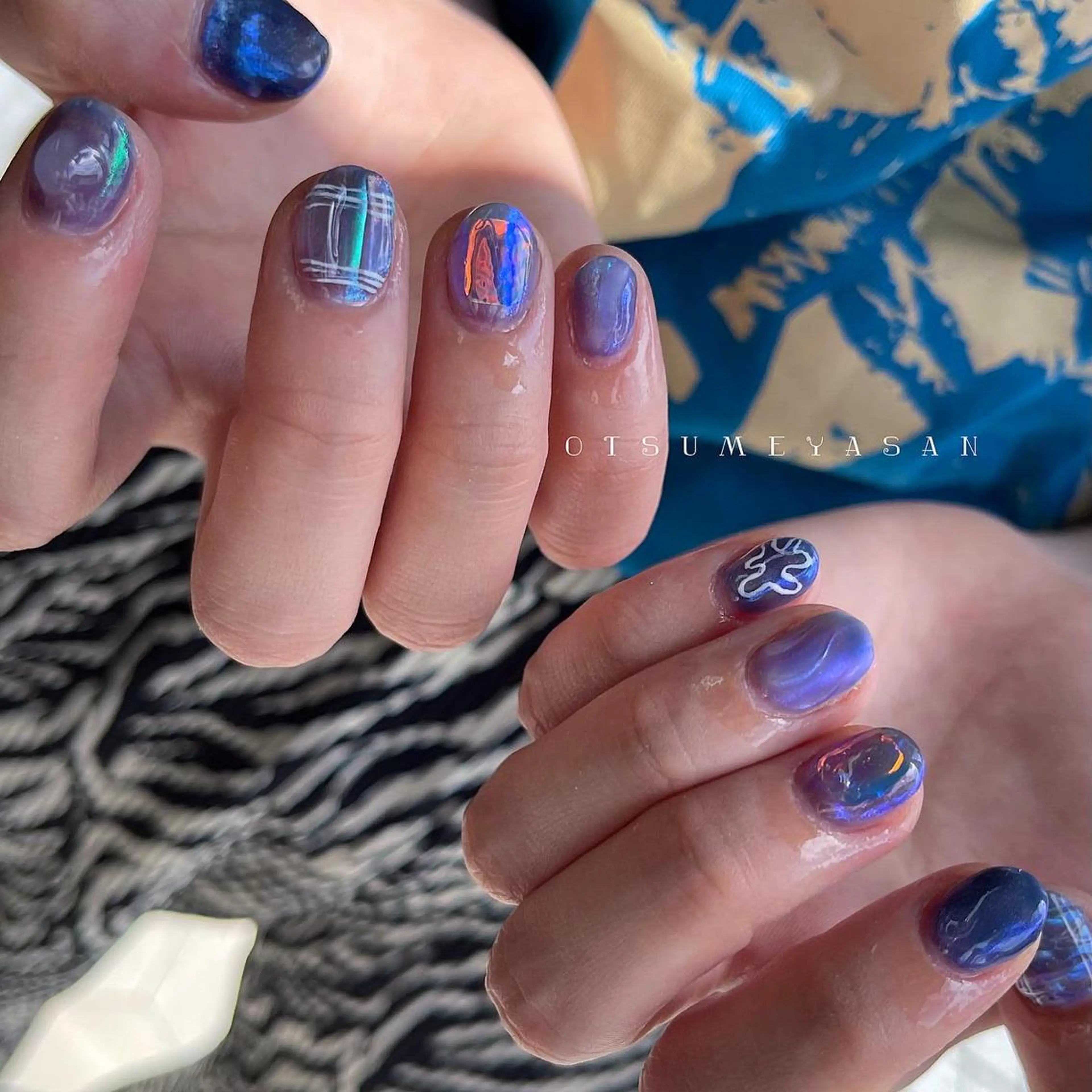 ネイル ブルー ジェルネイル ゴールド 韓国ネイル マットネイル otsumeyasan所属・わたなべ ちかのネイルデザイン