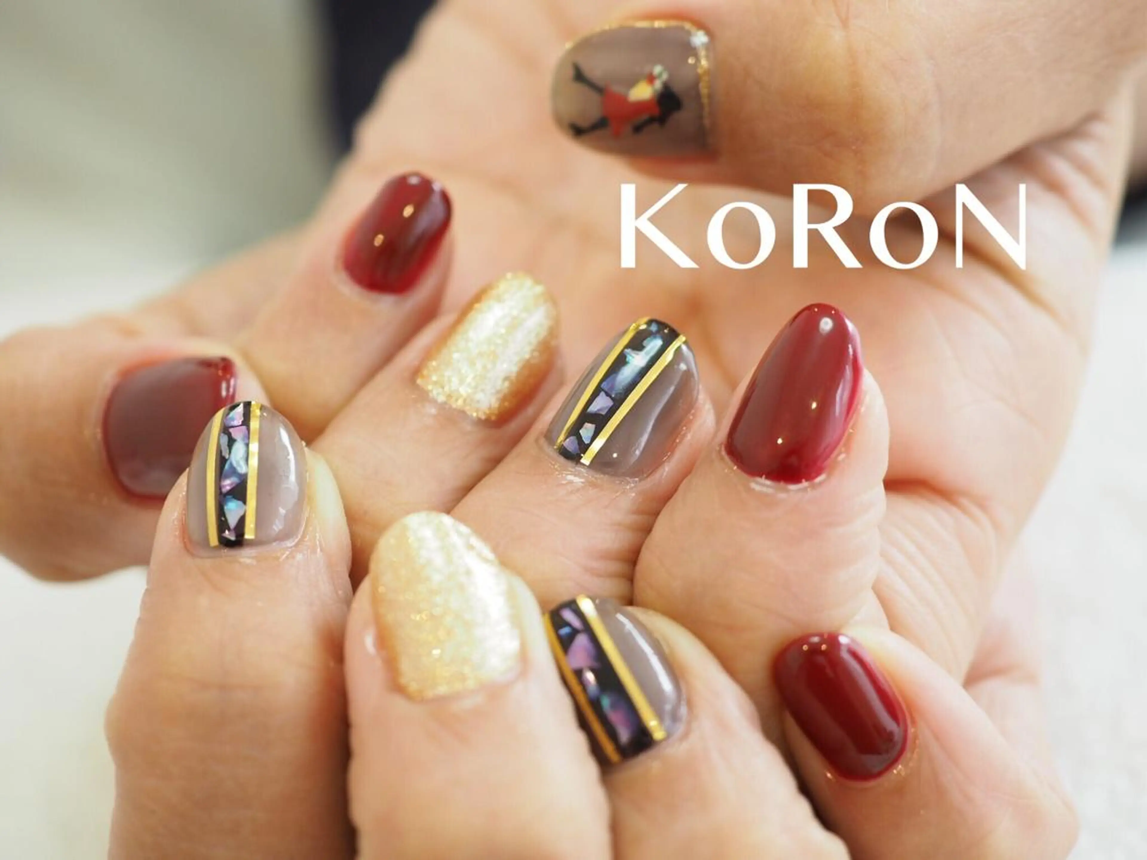ネイル ボルドー ゴールド ハンドネイル 自宅サロン鎌倉 KORONのネイルデザイン