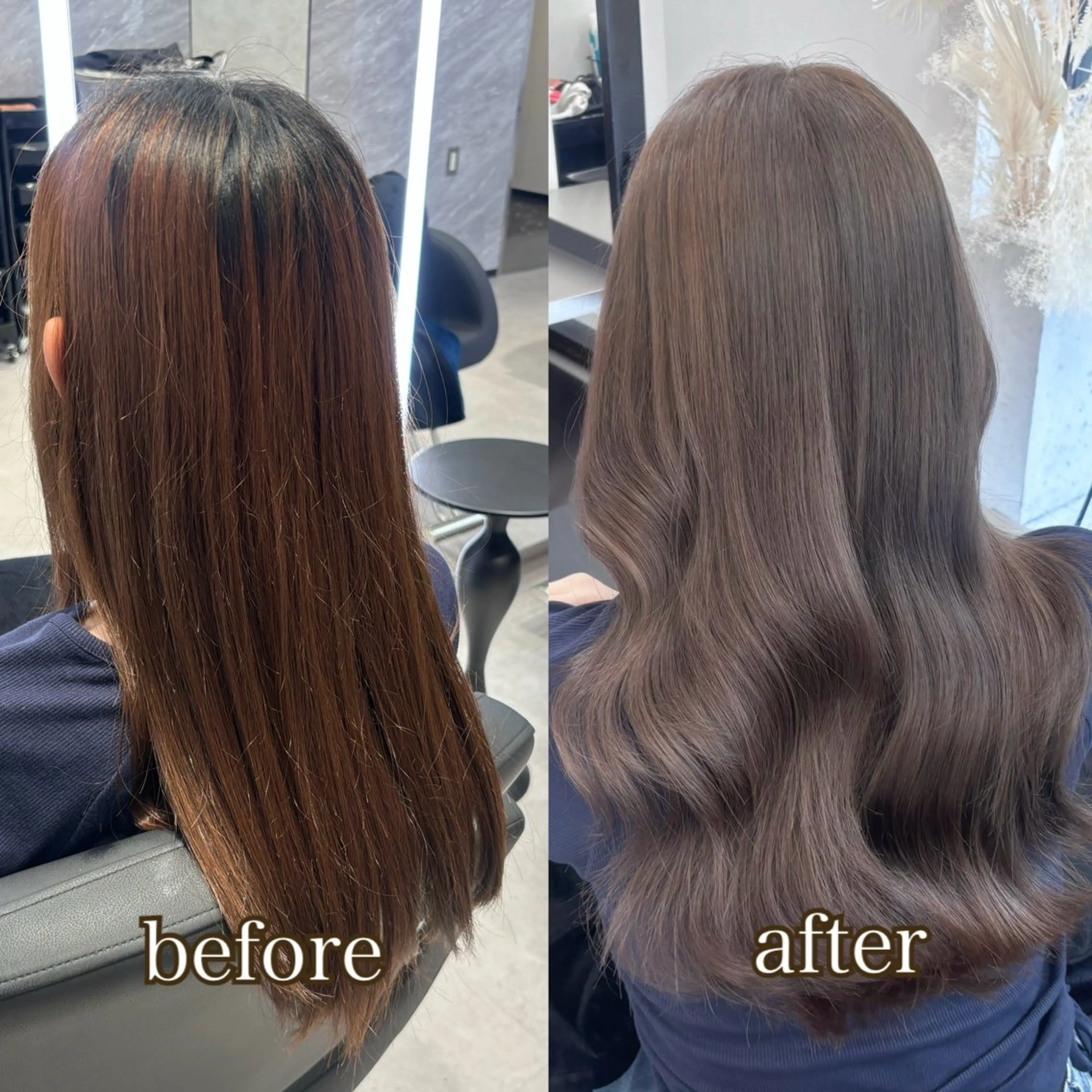 ロング カラー アッシュ アッシュグレー アッシュグレージュ ベージュカラー ブリーチ カット ヘアカラー トリートメント 髪質改善/赤み消し ブリーチなし心斎橋のヘアスタイル