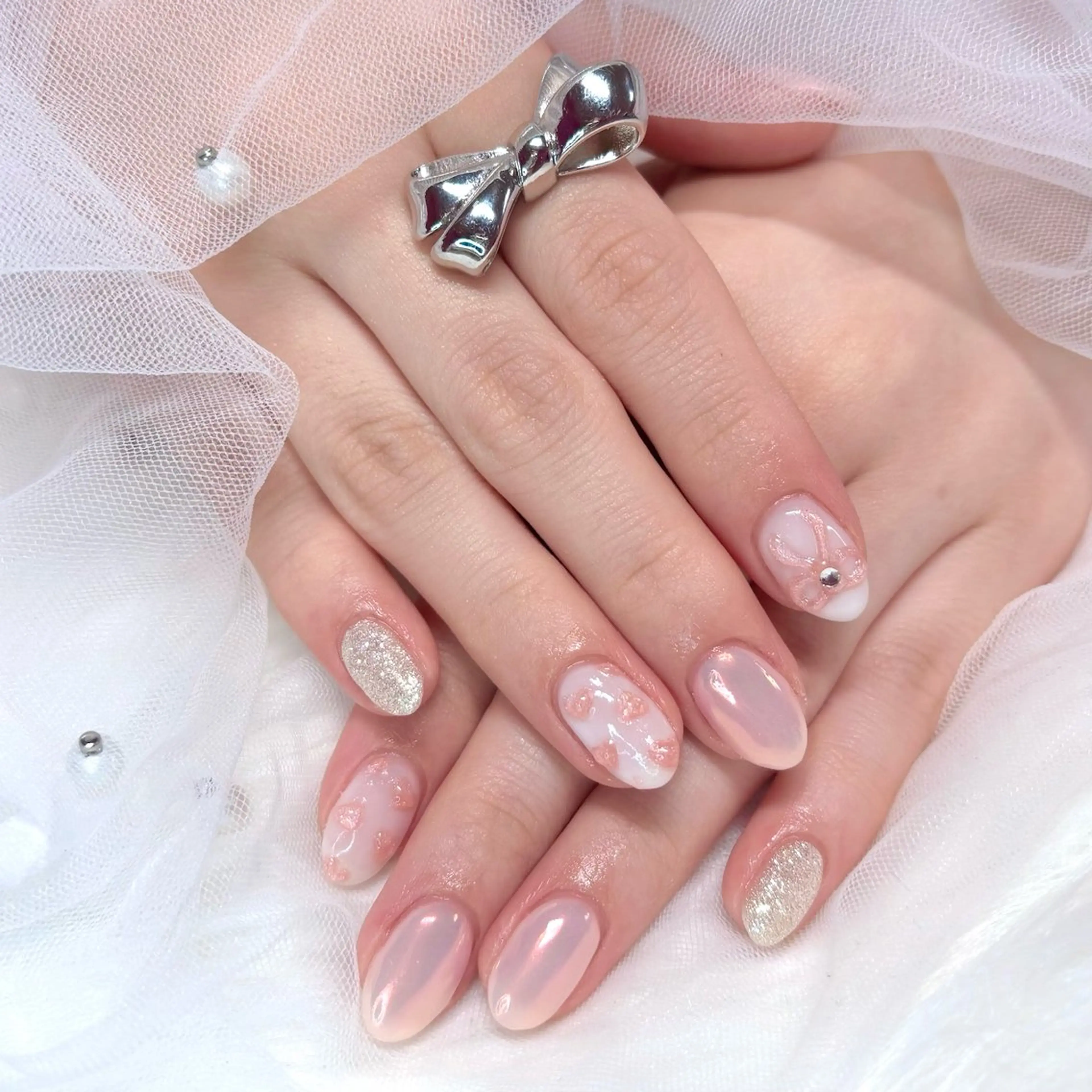 ネイル アートネイル オーロラネイル ピンク リボン ハンドネイル Noix nailのネイルデザイン