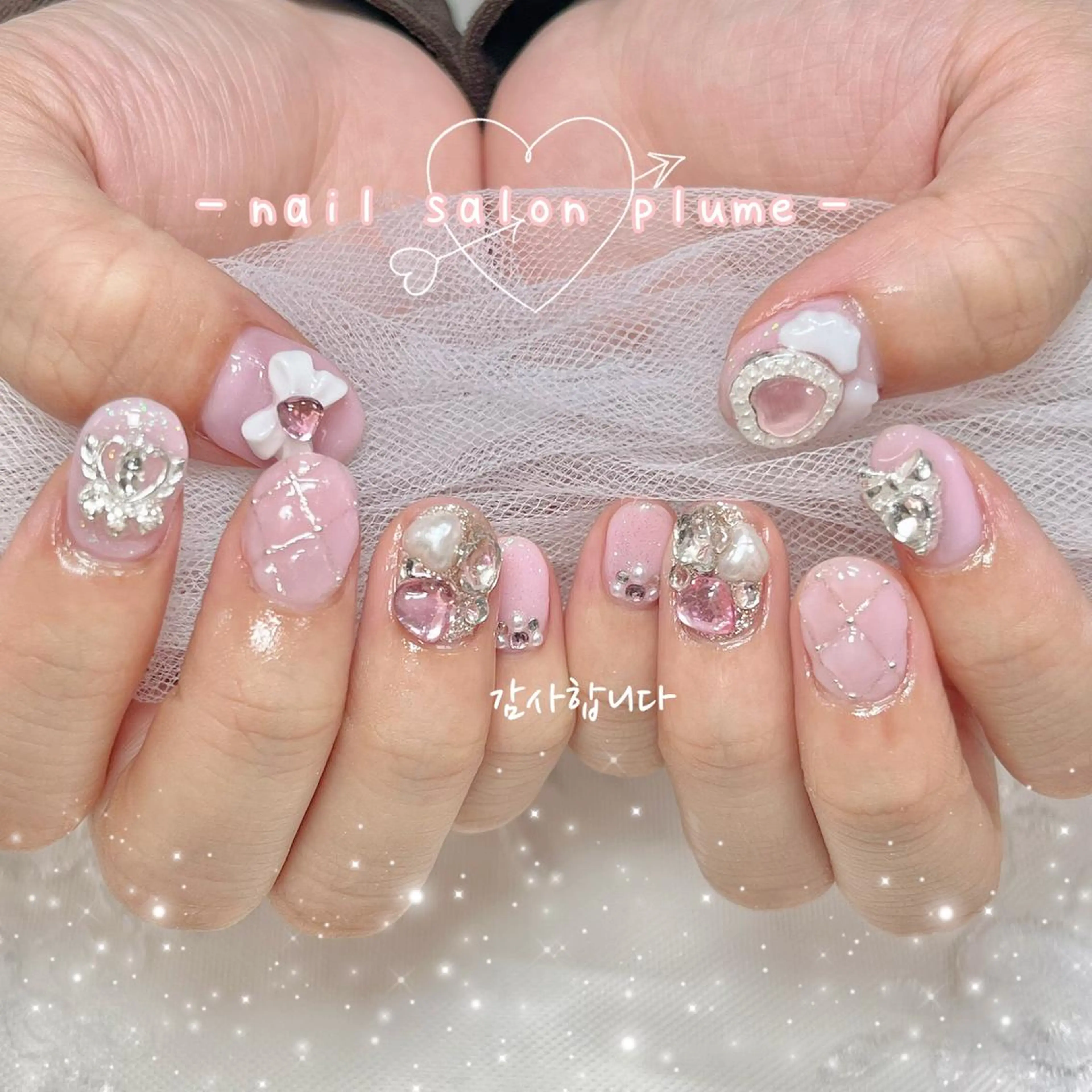 ネイル ガーリー ハート キラキラネイル 韓国ネイル ワンホンネイル ハンドネイル plume nail ☆韓国ネイルのネイルデザイン