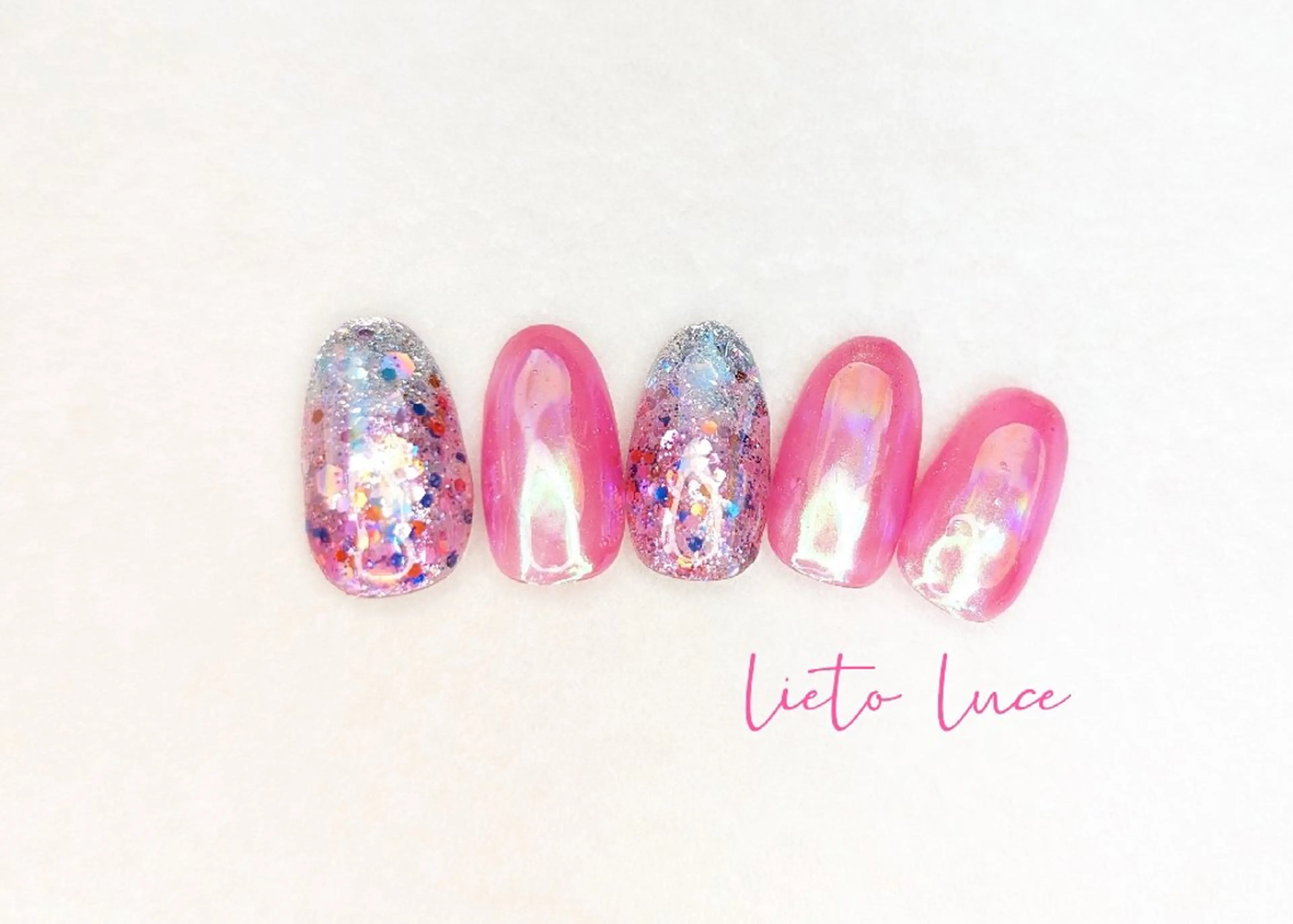 ネイル アートネイル 長さ出し ラメ(グリッター) ピンク スカルプネイル ハンドネイル フットネイル lieto luce Yukaのネイルデザイン