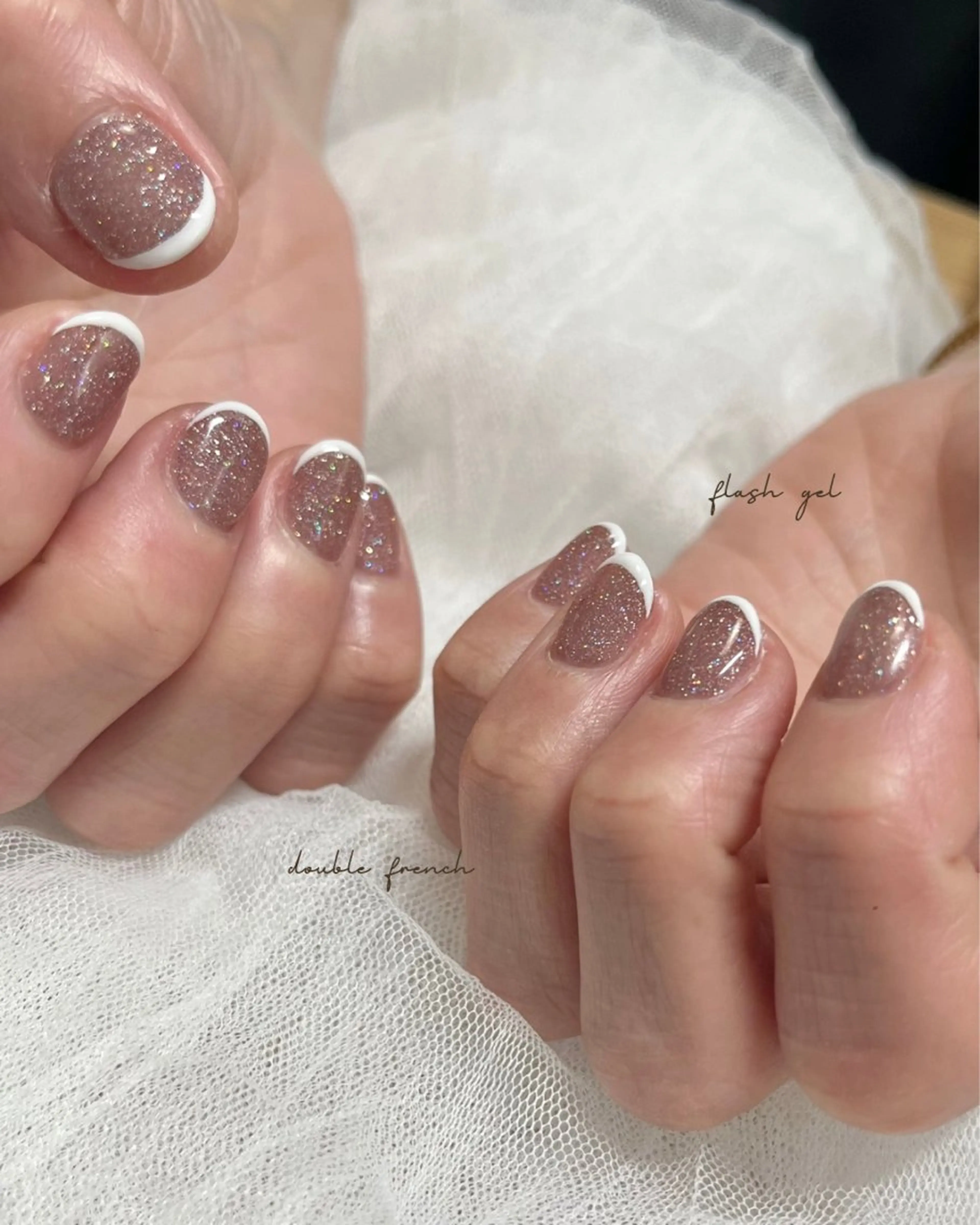 ネイル ダブルフレンチ フラッシュネイル フレンチネイル ジェルネイル キラキラネイル ハンドネイル nail salon slothのネイルデザイン