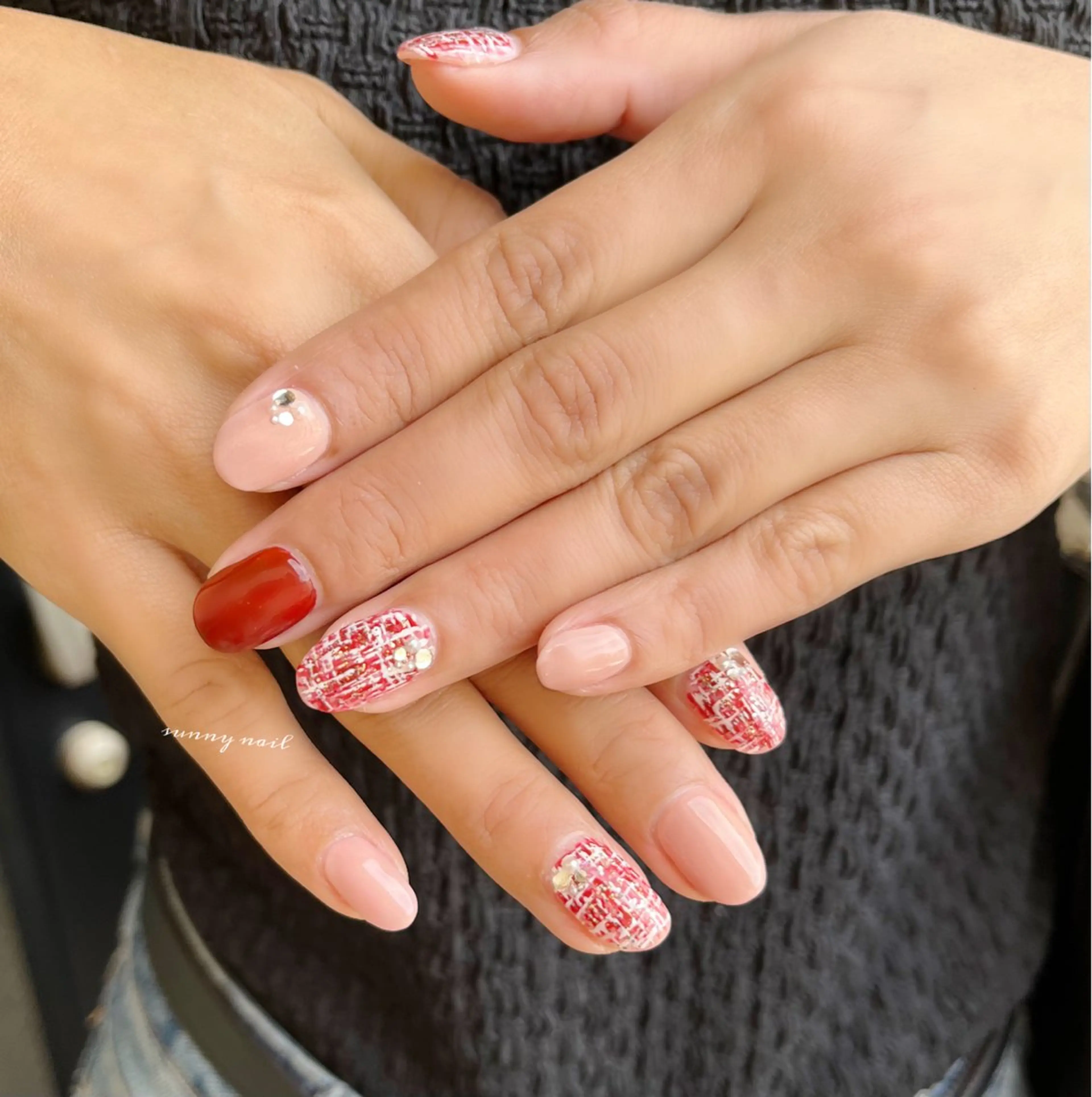 ネイル ボルドー ジェルネイル パラジェル ツイードネイル 冬ネイル sunny nailのネイルデザイン