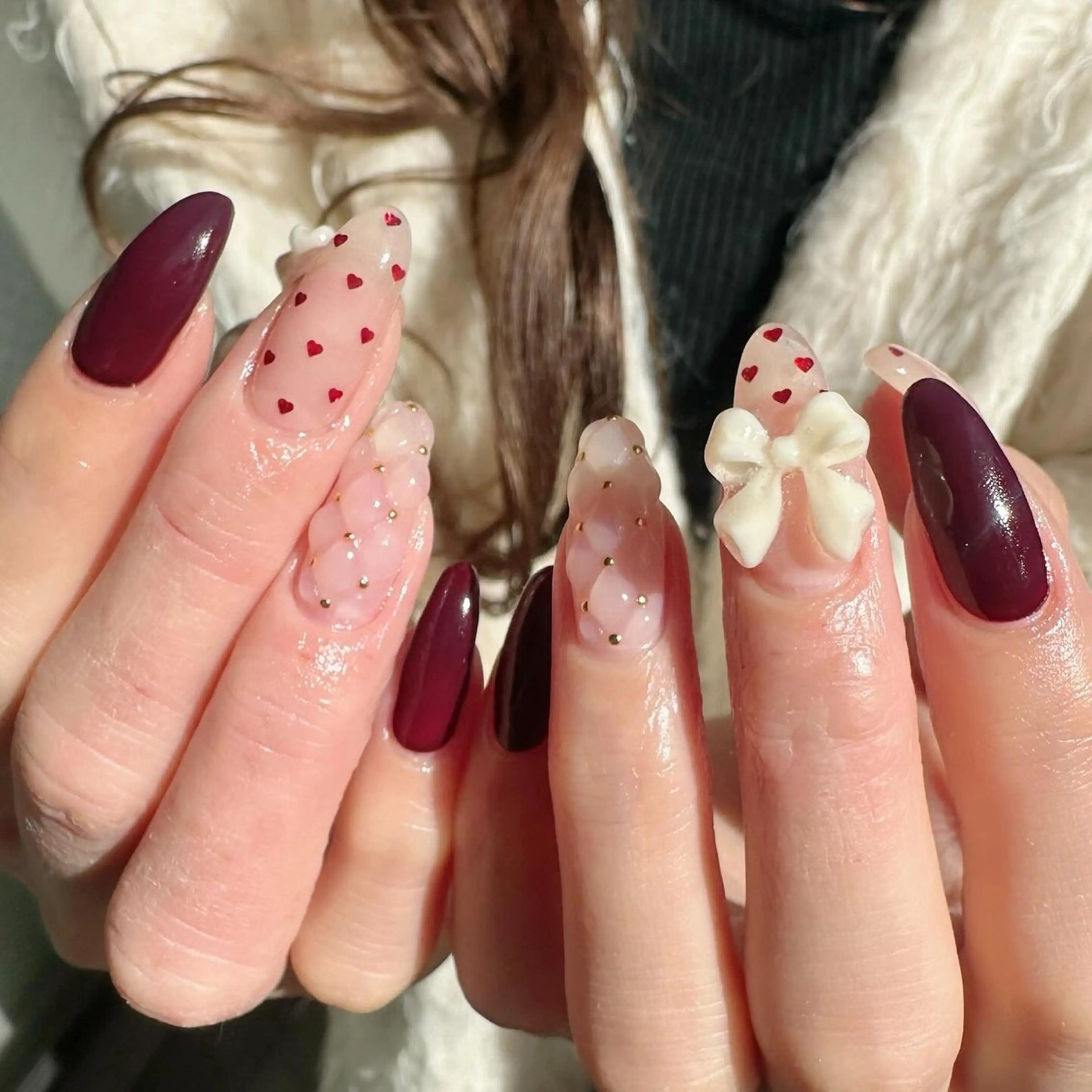ネイル ボルドー ハート 氷ネイル・うるうるネイル 韓国ネイル ニュアンスネイル 🪞KAPE NAIL 🪞のネイルデザイン