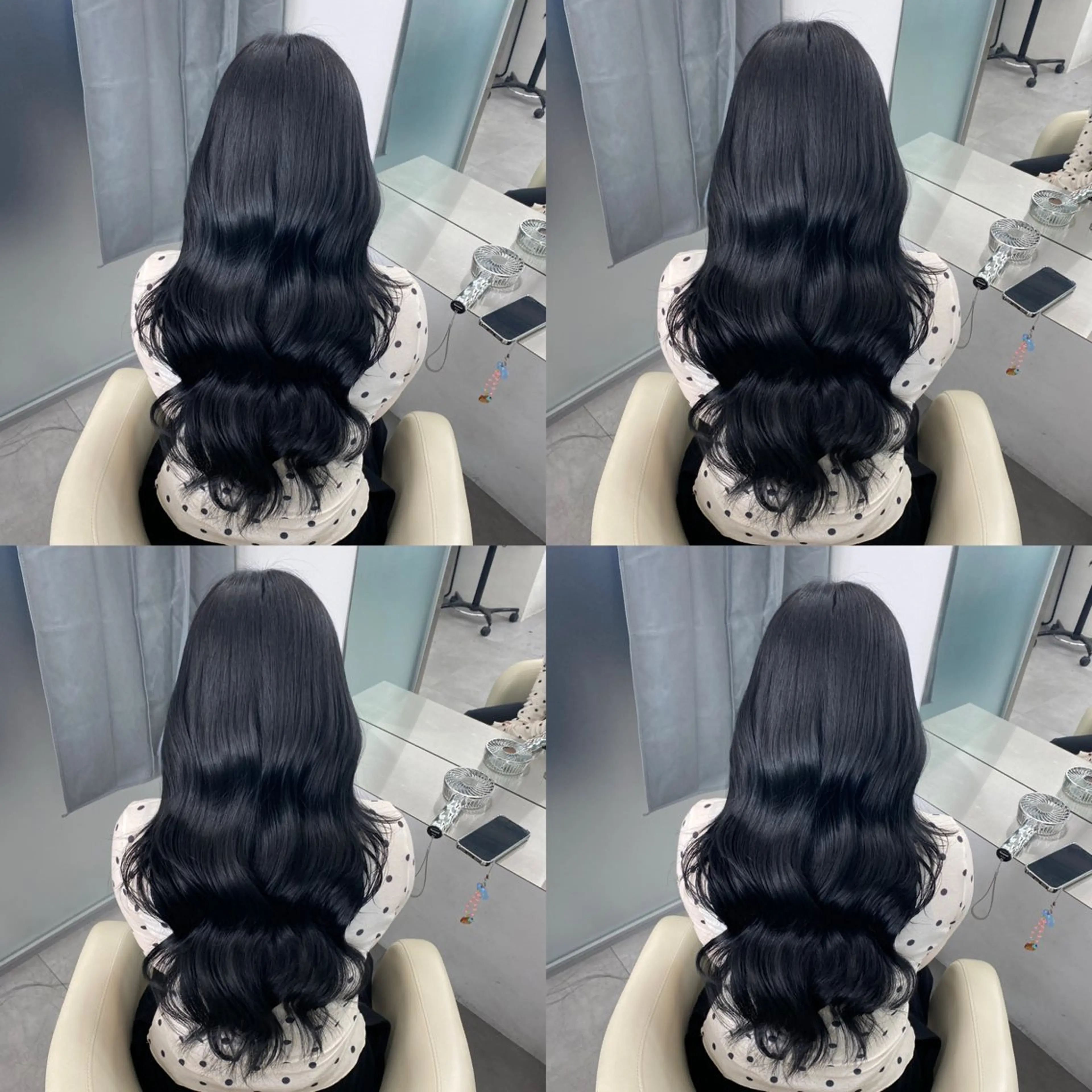 ロング カラー 黒髪 ブルーカラー ブルーブラック 透明感カラー くびれヘア カット ヘアカラー トリートメント トレンド大人韓国風 shinoのヘアスタイル