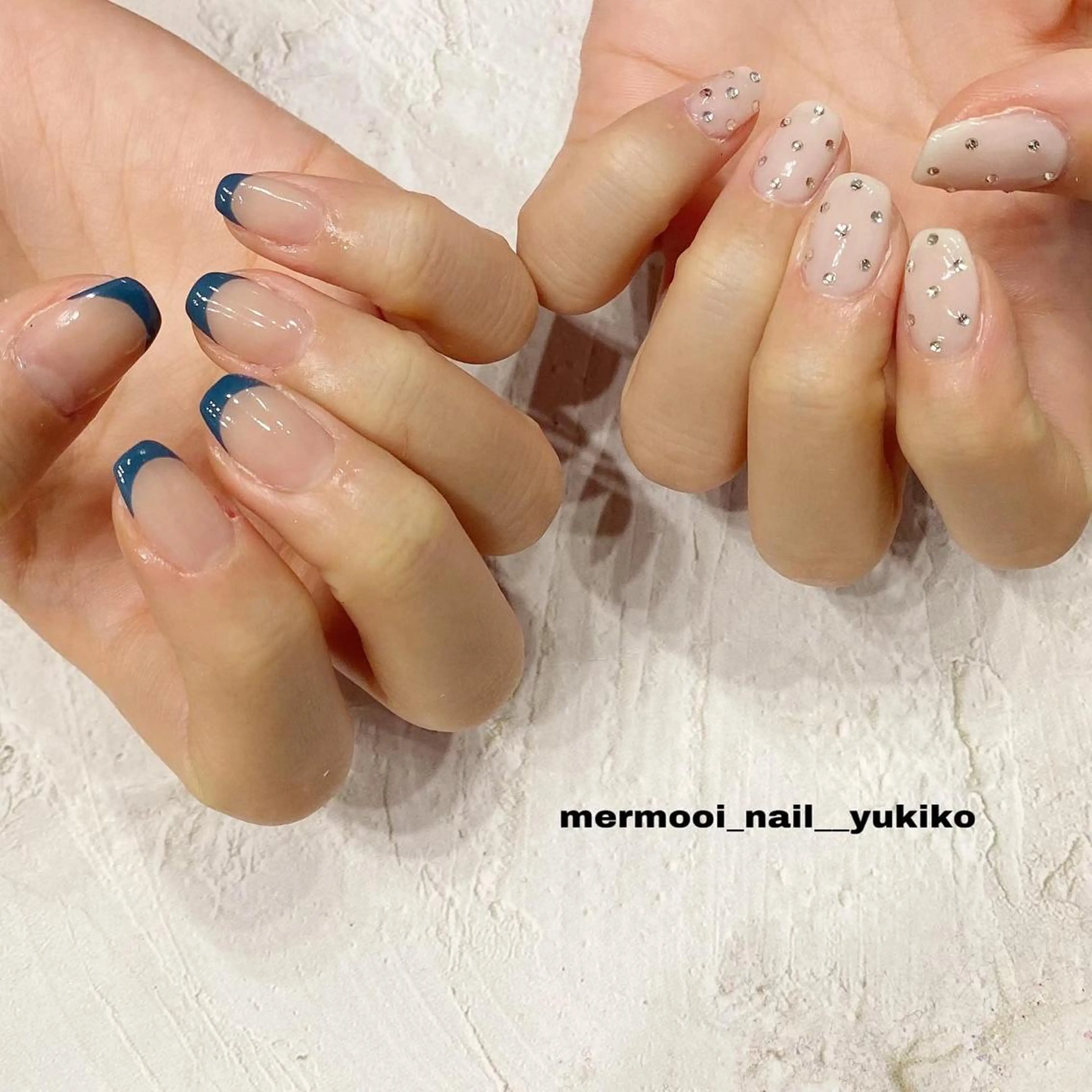 ネイル ブルー ドット フレンチネイル グリーン 韓国ネイル ハンドネイル mermooi nailのネイルデザイン