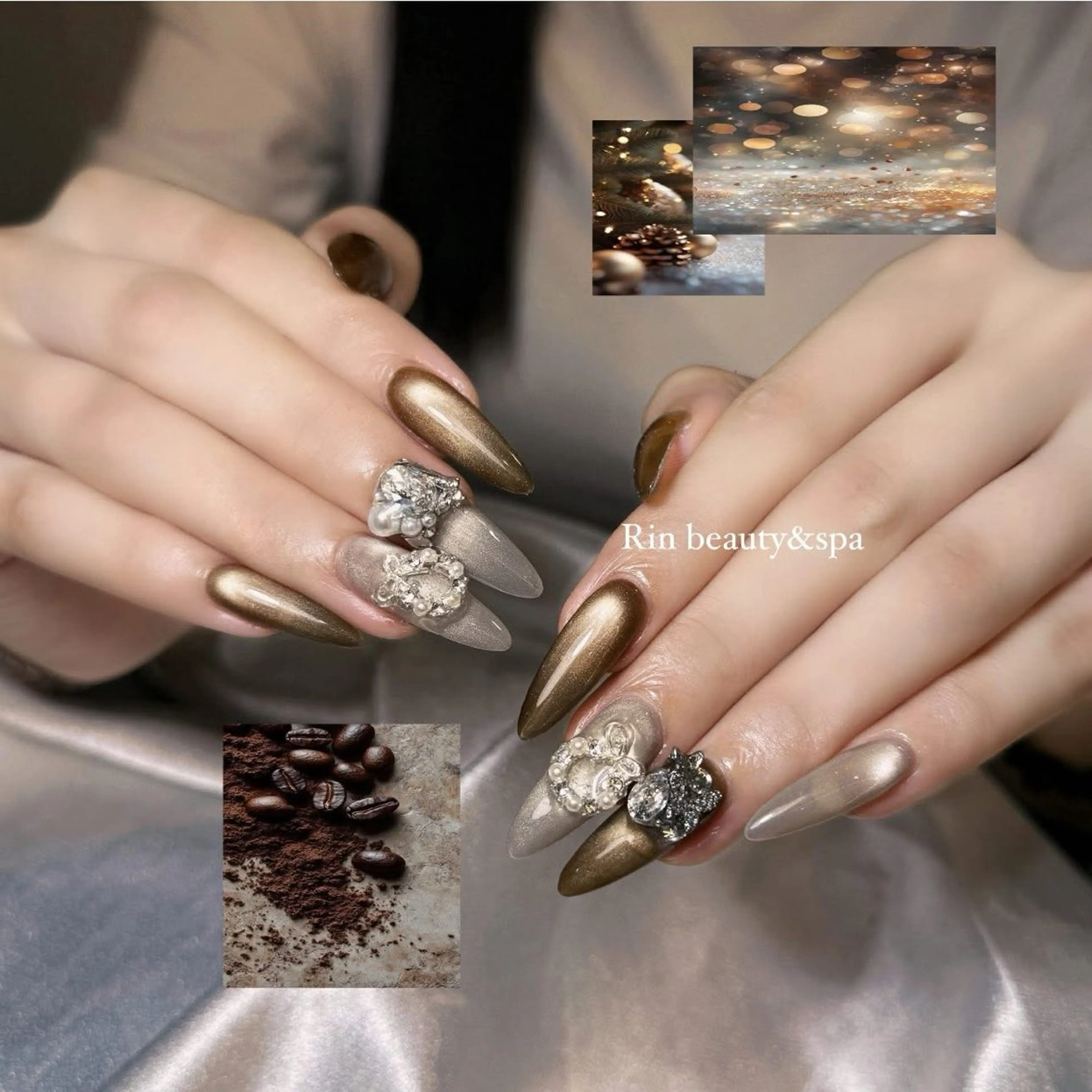 ネイル ボルドー フレンチネイル グラデーション キラキラネイル 韓国ネイル ハンドネイル Rin Nail 新大久保店のネイルデザイン