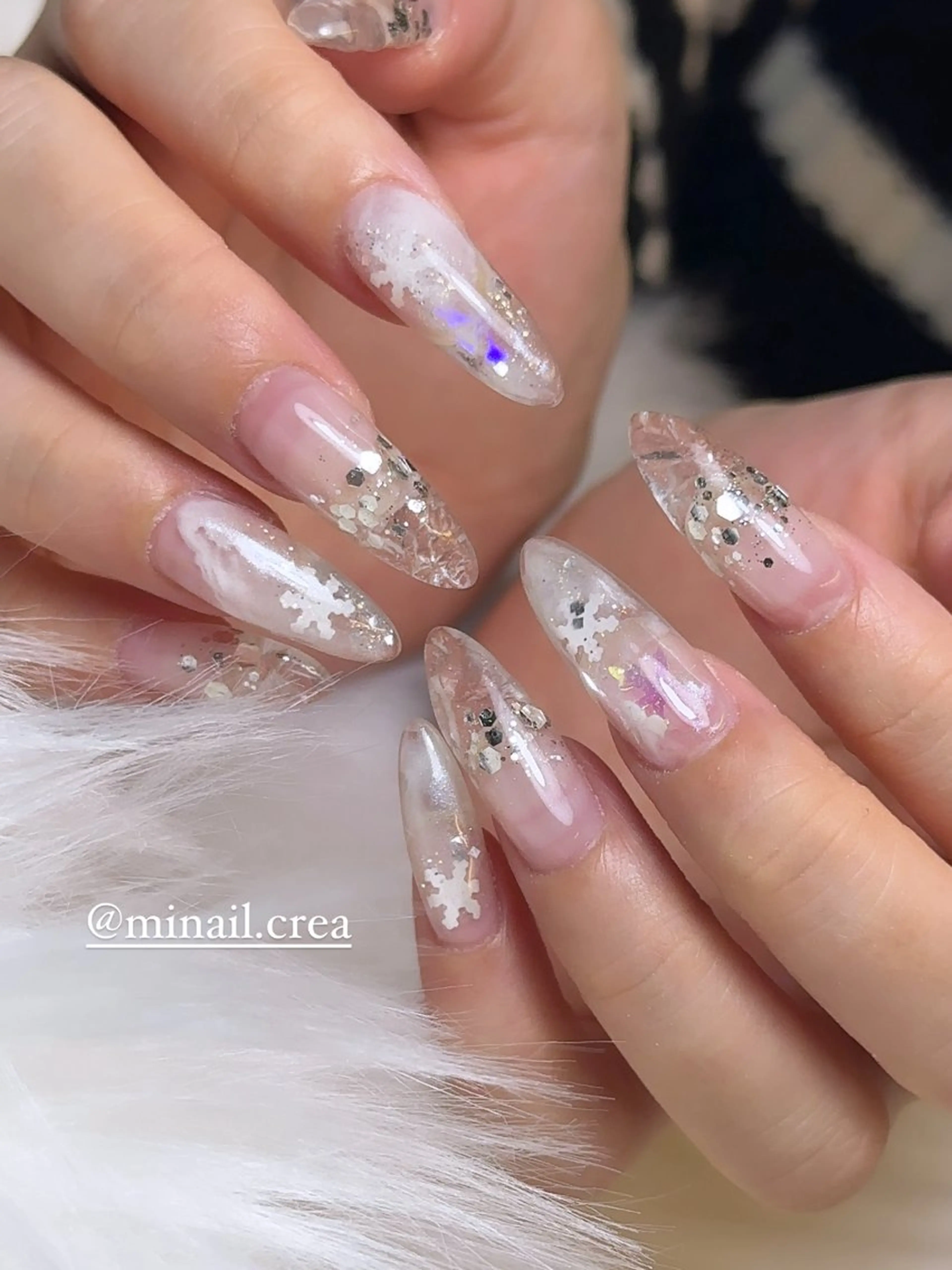 ネイル クリアネイル ジェルネイル キラキラネイル ロングネイル 大理石ネイル(マーブル) ハンドネイル CRéA　-private nailsalon-所属・CReA nailのネイルデザイン