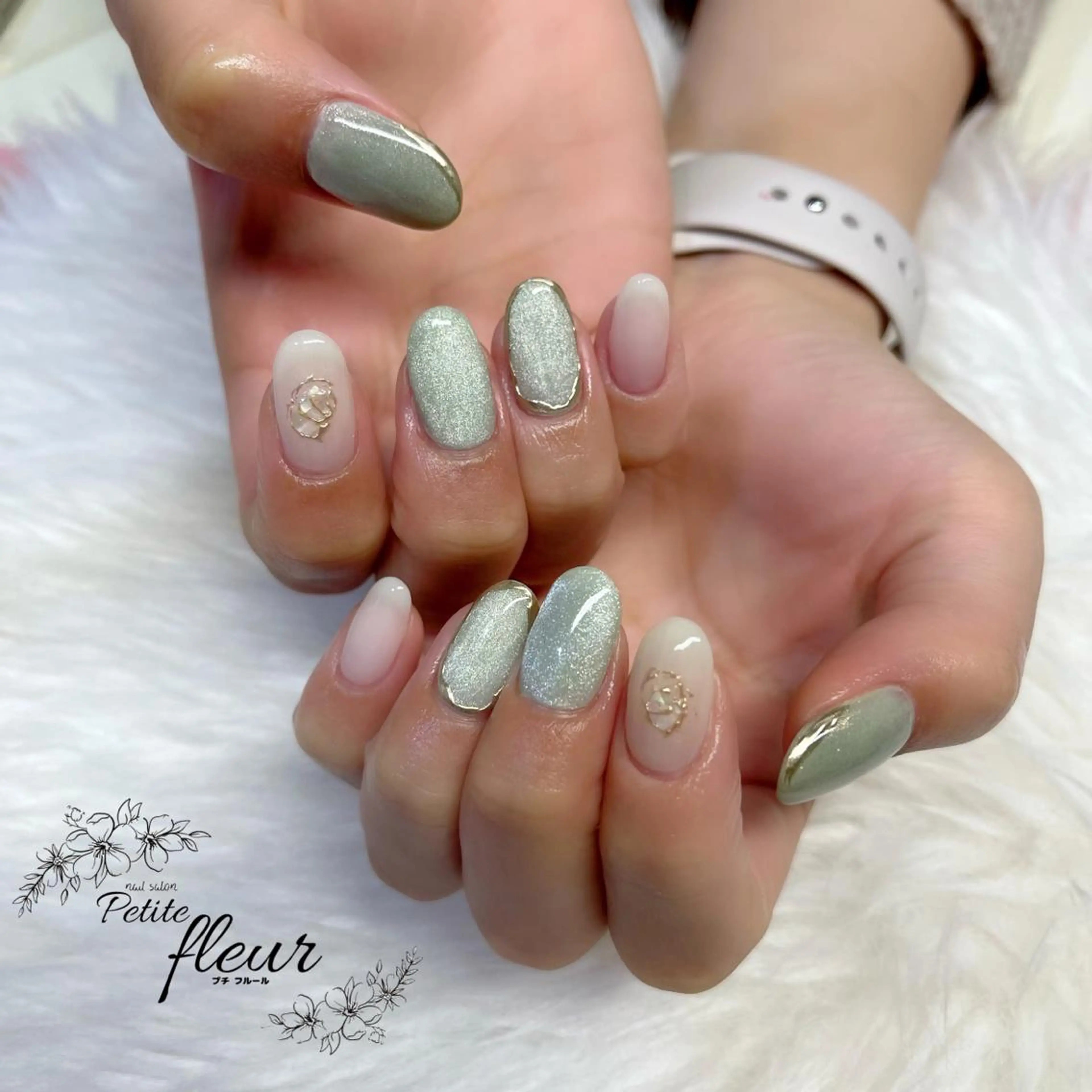 ネイル グリーン ハンドネイル ❁⃘*。Petite fleur❁⃘*りさのネイルデザイン