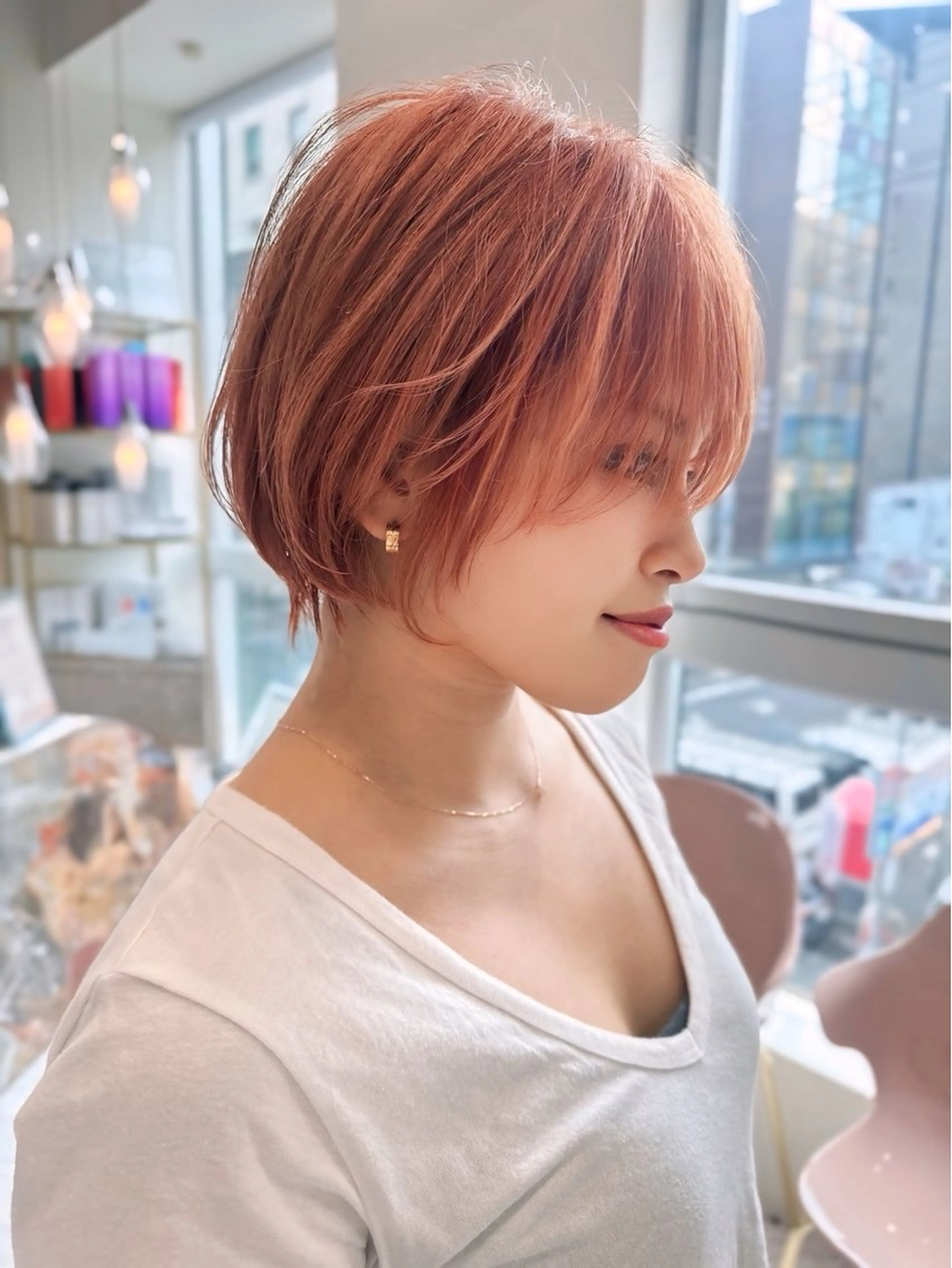 ショート カラー 透明感カラー オレンジ ピンクカラー ショートヘア 小顔カット カット ヘアカラー 🌟TOSHI/透明 感カラー/ショートのヘアスタイル