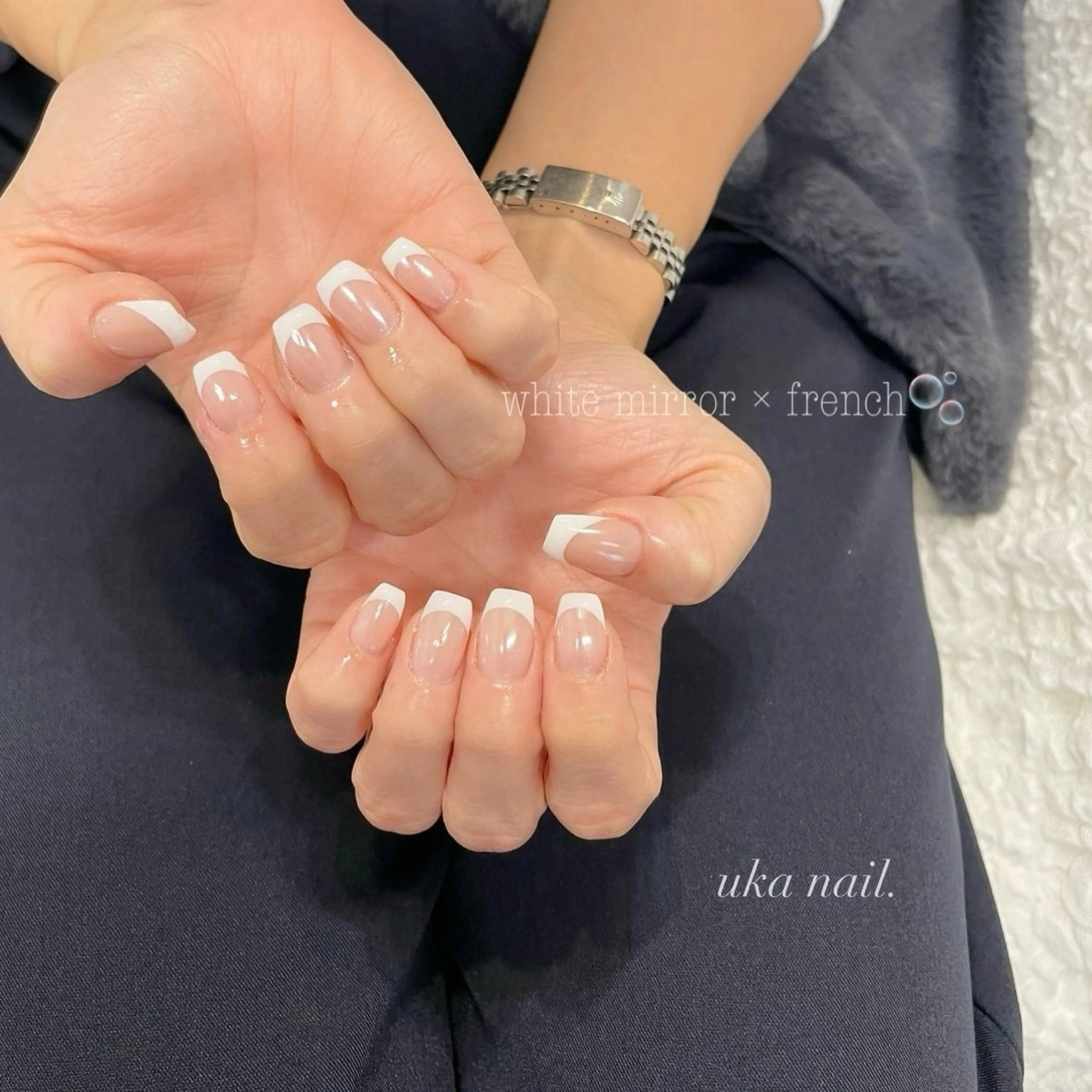 ネイル フレンチネイル ミラーネイル ホワイト ハンドネイル uka nailのネイルデザイン