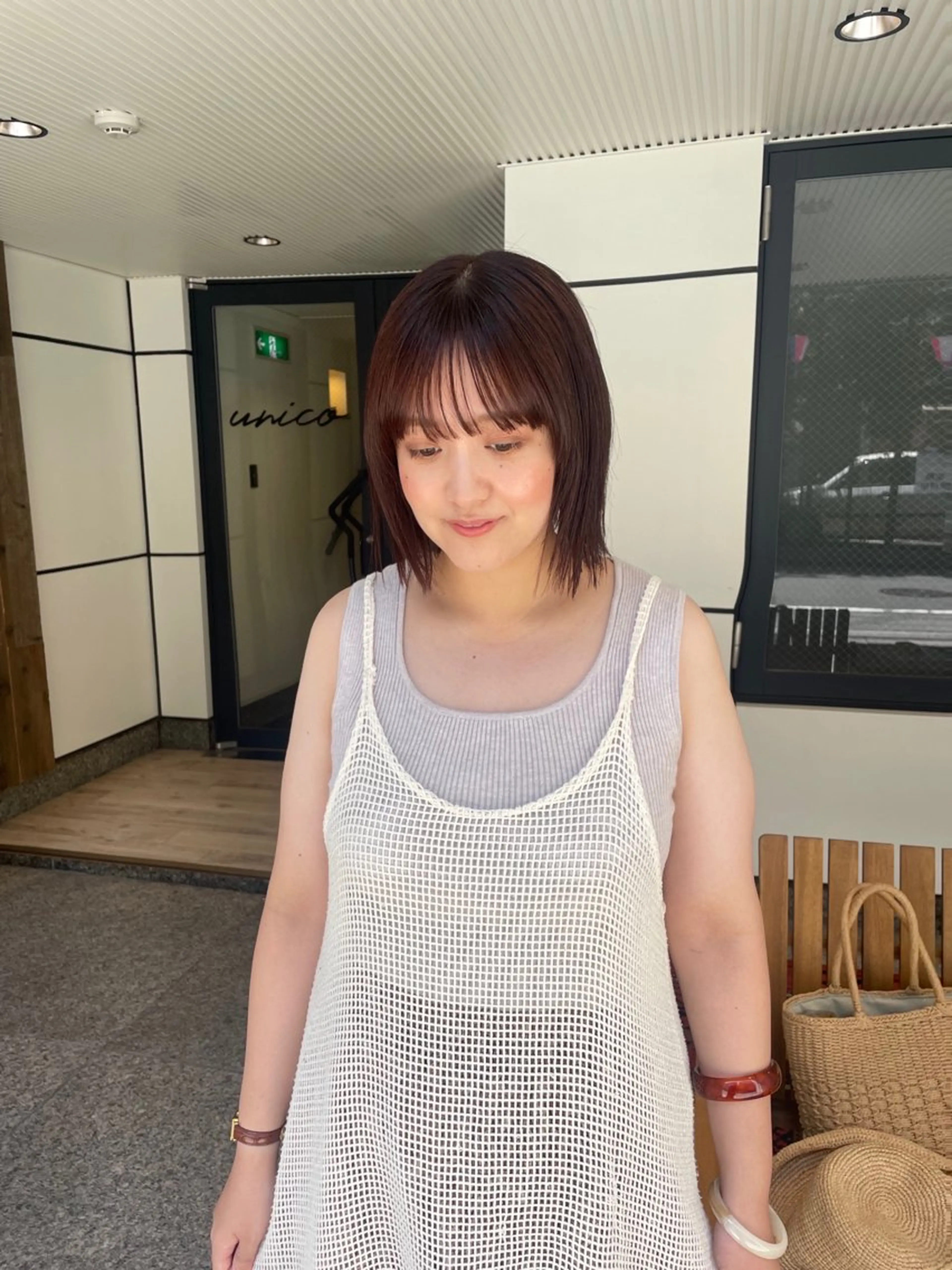 ミディアム カラー ブリーチ ブラウンカラー オレンジ オレンジブラウン ボブ 渋谷 留菜のヘアスタイル