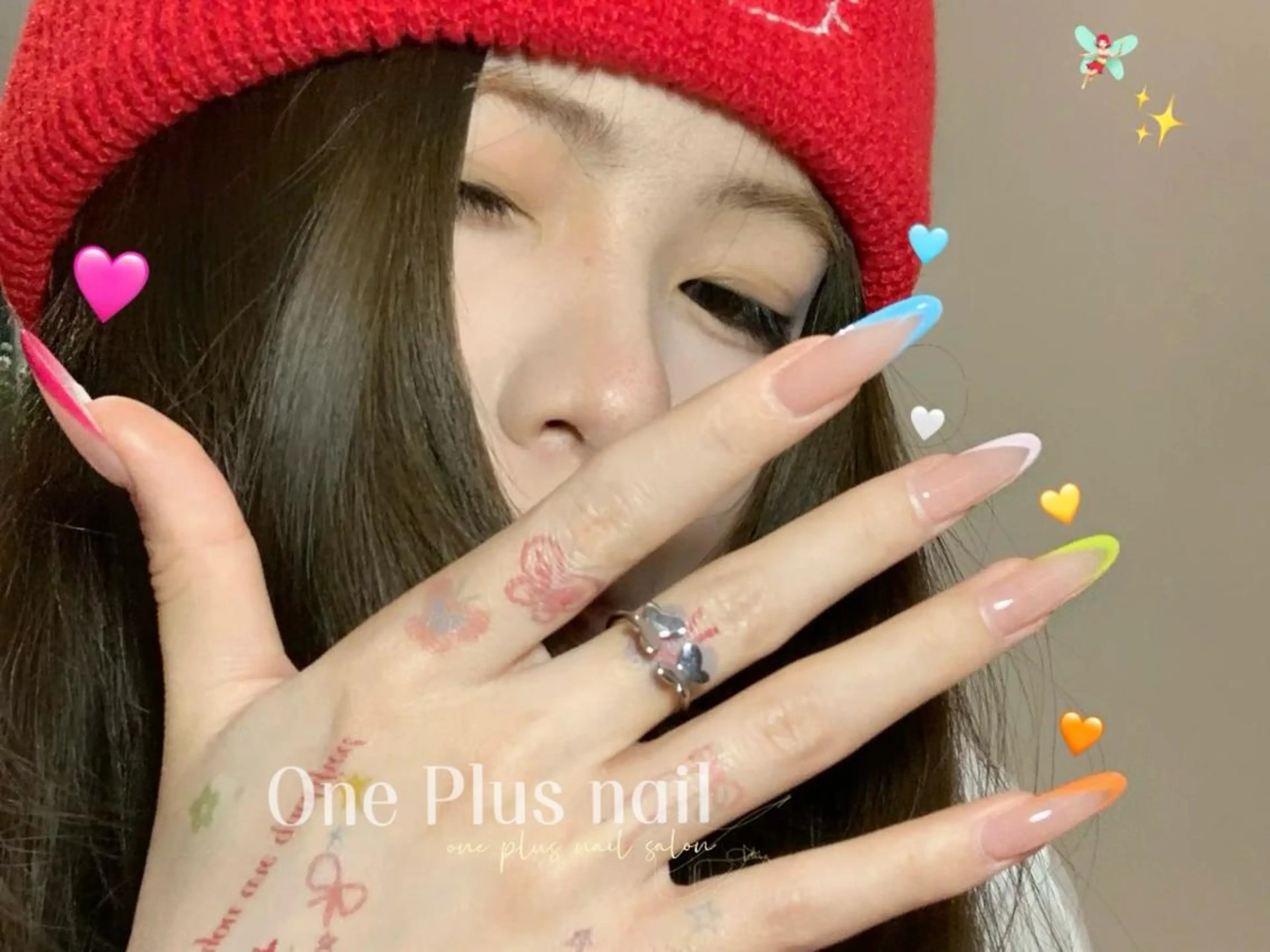 ネイル ガーリー ハート キラキラネイル 韓国ネイル ロングネイル One Plus Nail Salonのネイルデザイン